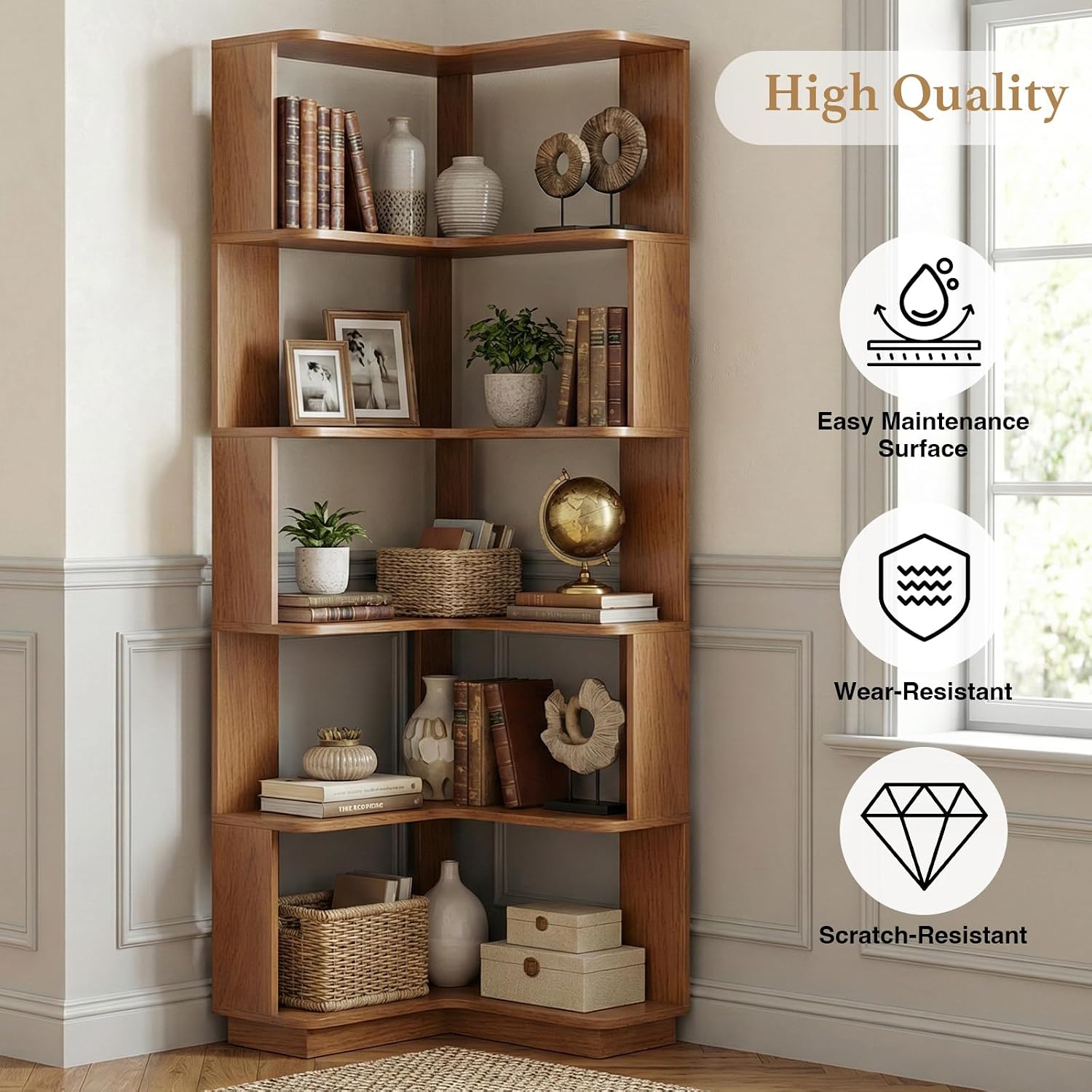 5 Tier Corner Bookshelf, Freestanding L-Shaped Wooden Bookcase with Open Shelves, Anti-Fall Panels and Anti-Tipping Device for Living Room, Bedroom, Home Office (Dark Oak)