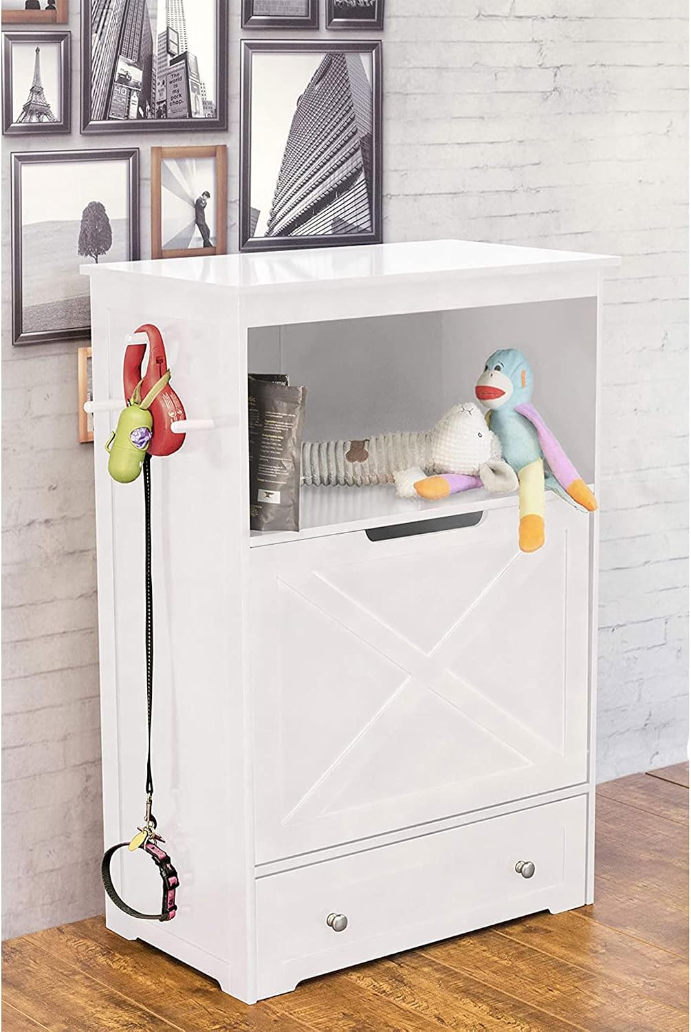zoovilla Windsor Pet Feeders with storage - dog bowl stand, pet feeder station, White 13.78?D x 24.02?W x 35.04?H
