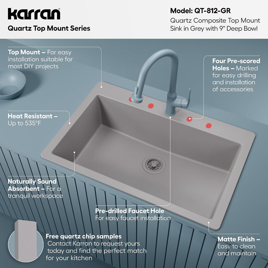 Karran 33' Drop-In Top Mount Quartz Composite Single Bowl Kitchen Sink in Grey – Extra Deep 9' Basin, Heat Resistant, Sound Dampening, Easy Clean Surface