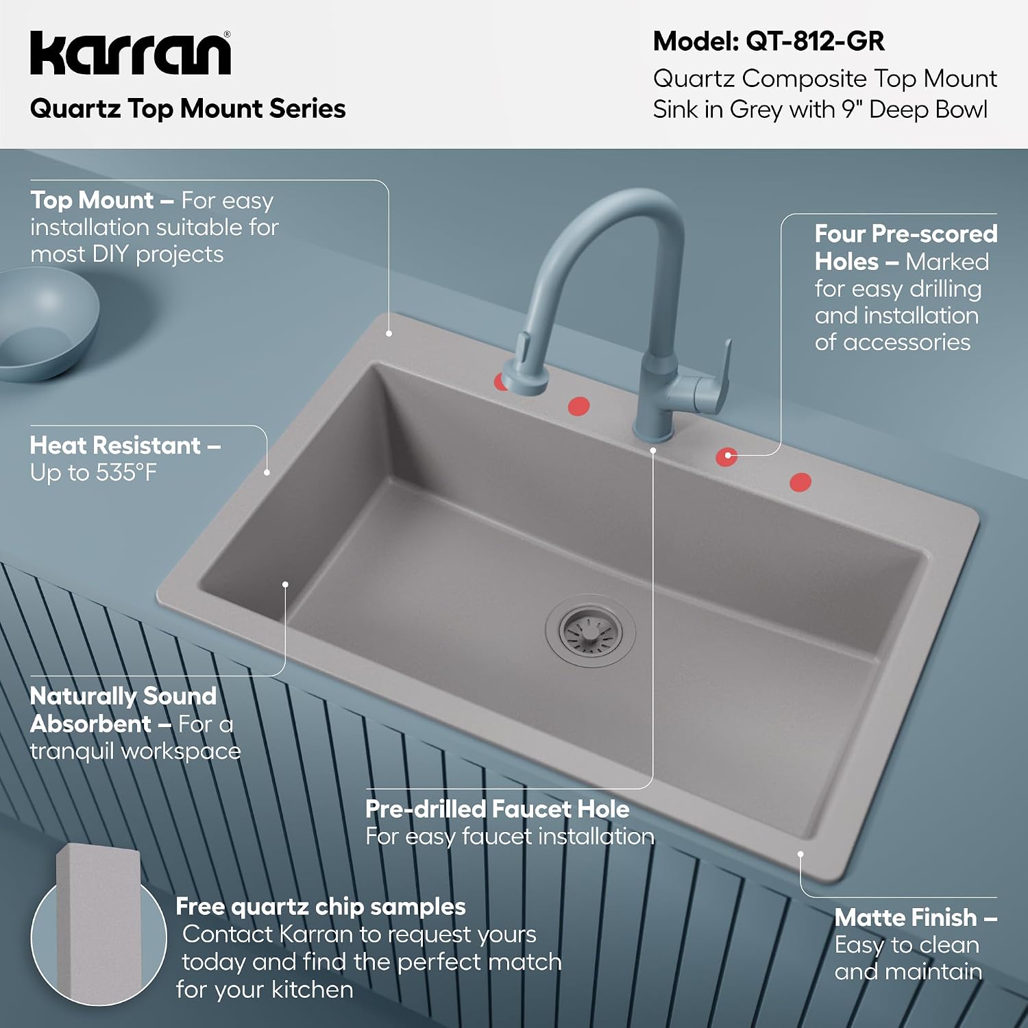 Karran 33' Drop-In Top Mount Quartz Composite Single Bowl Kitchen Sink in Grey – Extra Deep 9' Basin, Heat Resistant, Sound Dampening, Easy Clean Surface