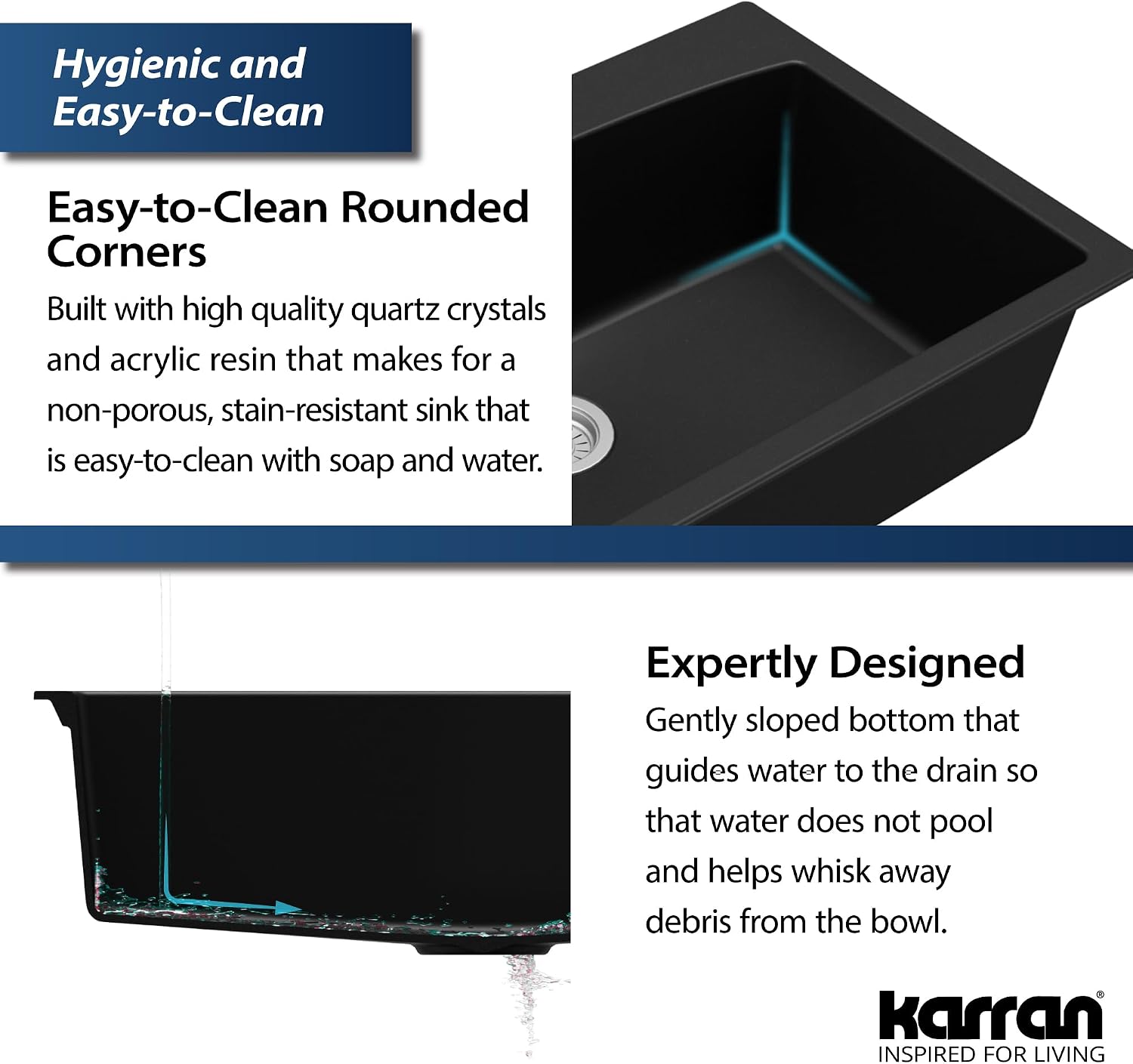 Karran QT-712 33 Inch Drop-In Quartz Composite Single Bowl Kitchen Sink, Top Mount, 1-Hole, Heat & Scratch Resistant, Easy Clean, Black