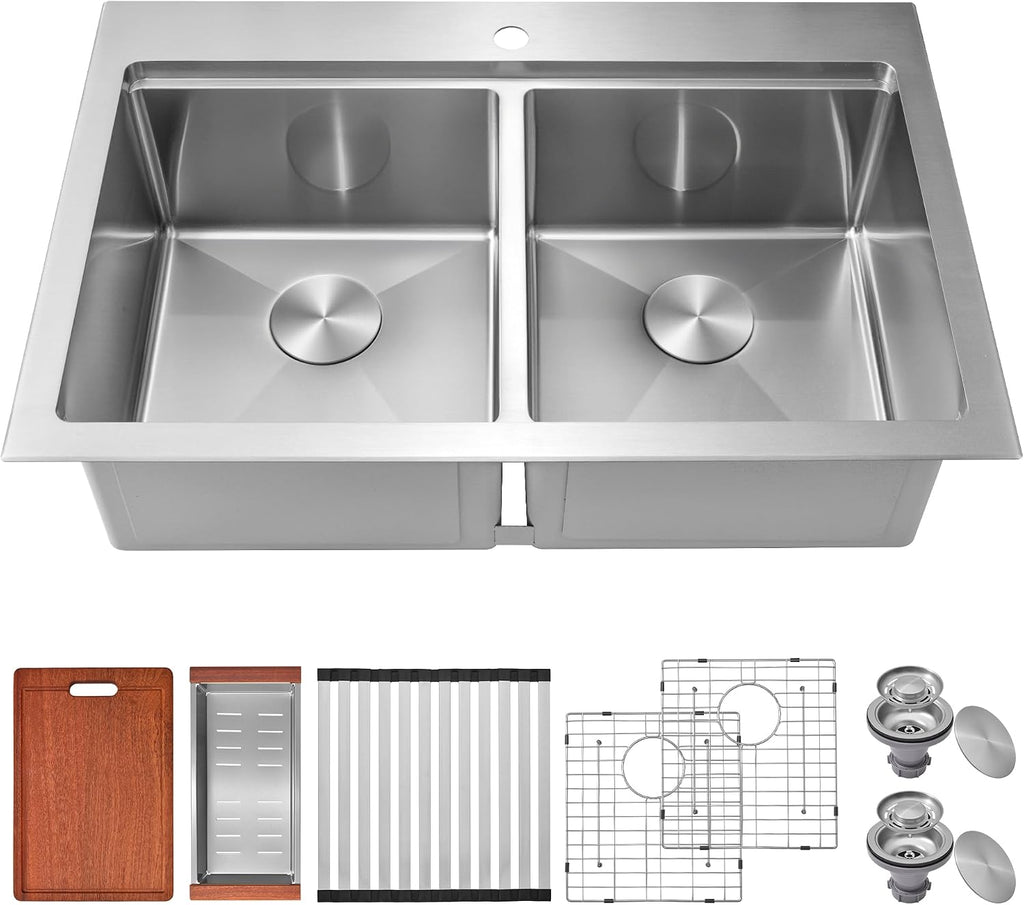 Rhbamoa Double Bowl Drop In Kitchen Sink 31 Inch,16-Gauge T304 Stainless Steel Topmount Kitchen Sink,50/50 Double Bowl Kitchen Sinks,10 Inch Deep Sinks with All Accessories, Brushed Finish