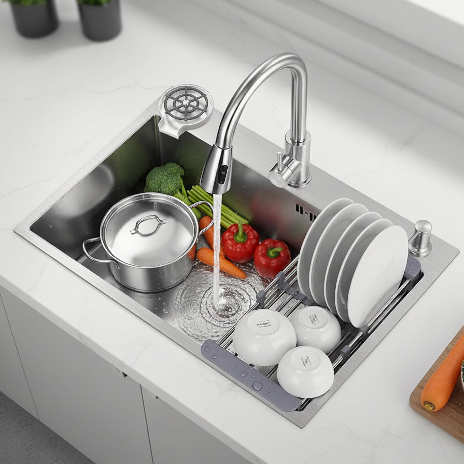 Stainless Steel Kitchen Sink with Faucet, Single Bowl Top Mount/Drop-In 3 Hole Single Bowl Workstation Sink with Cup Washer, Soap Dispenser, Drainage kit for Bar, Kitchen, Balcony (20 * 18in)