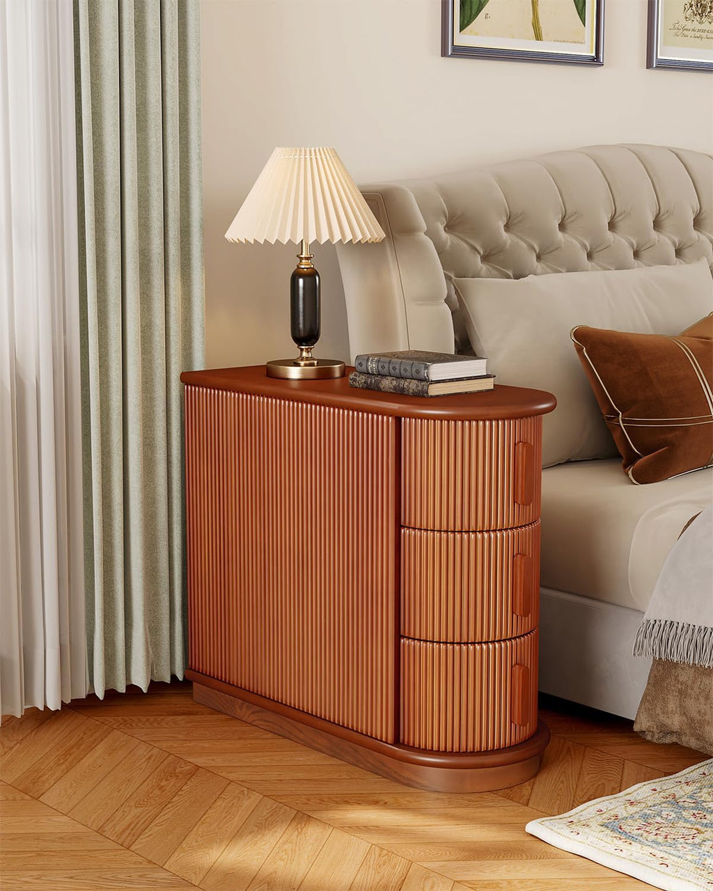 LITTLE TREE End Table with 3 Drawers, No Assembly Required & Closed Back Side Table, Mid-century Modern Sofa Side Table, Brown Side End Table for Living Room, Slim Nightstand Bedside Table for Bedroom