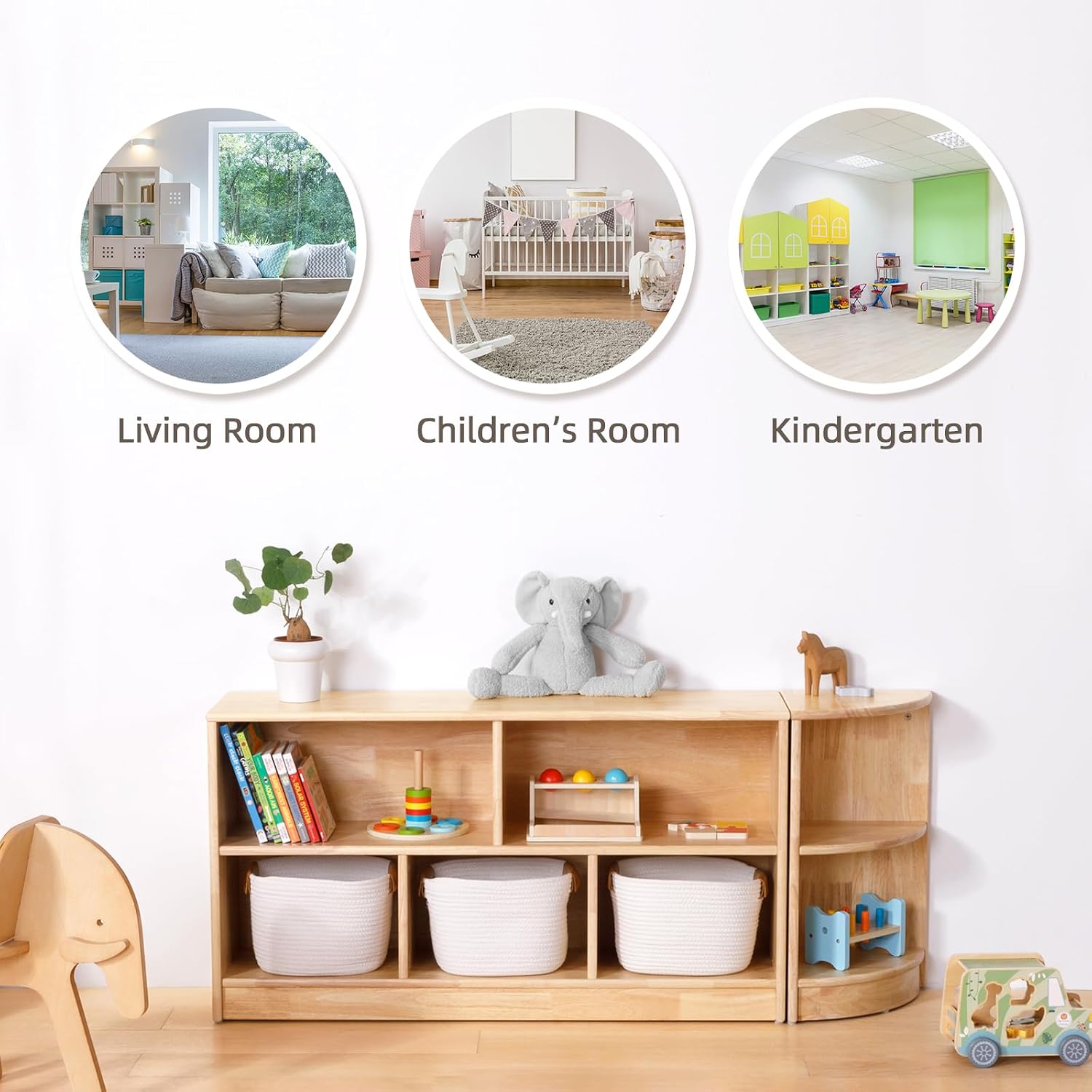 OOOK Rubber Wood 5-Compartment Montessori Shelf, 43.3' L, 2-Tier Toy Organizers and Storage, Wooden Storage Cabinet for Kids Room, Playroom, Nursery, Classroom, Kindergarten