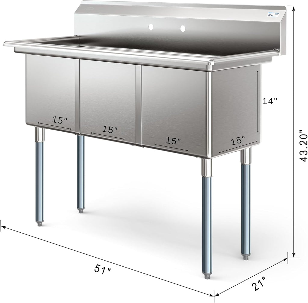 KoolMore 51 in. Three Compartment 16-Gauge Stainless-Steel Commercial Kitchen Sink, Bowl Size 15x15x14, with Three Basins for Washing and Rinsing Dishes and Pre-Drilled Faucet Holes (KM-SC151514-N316)