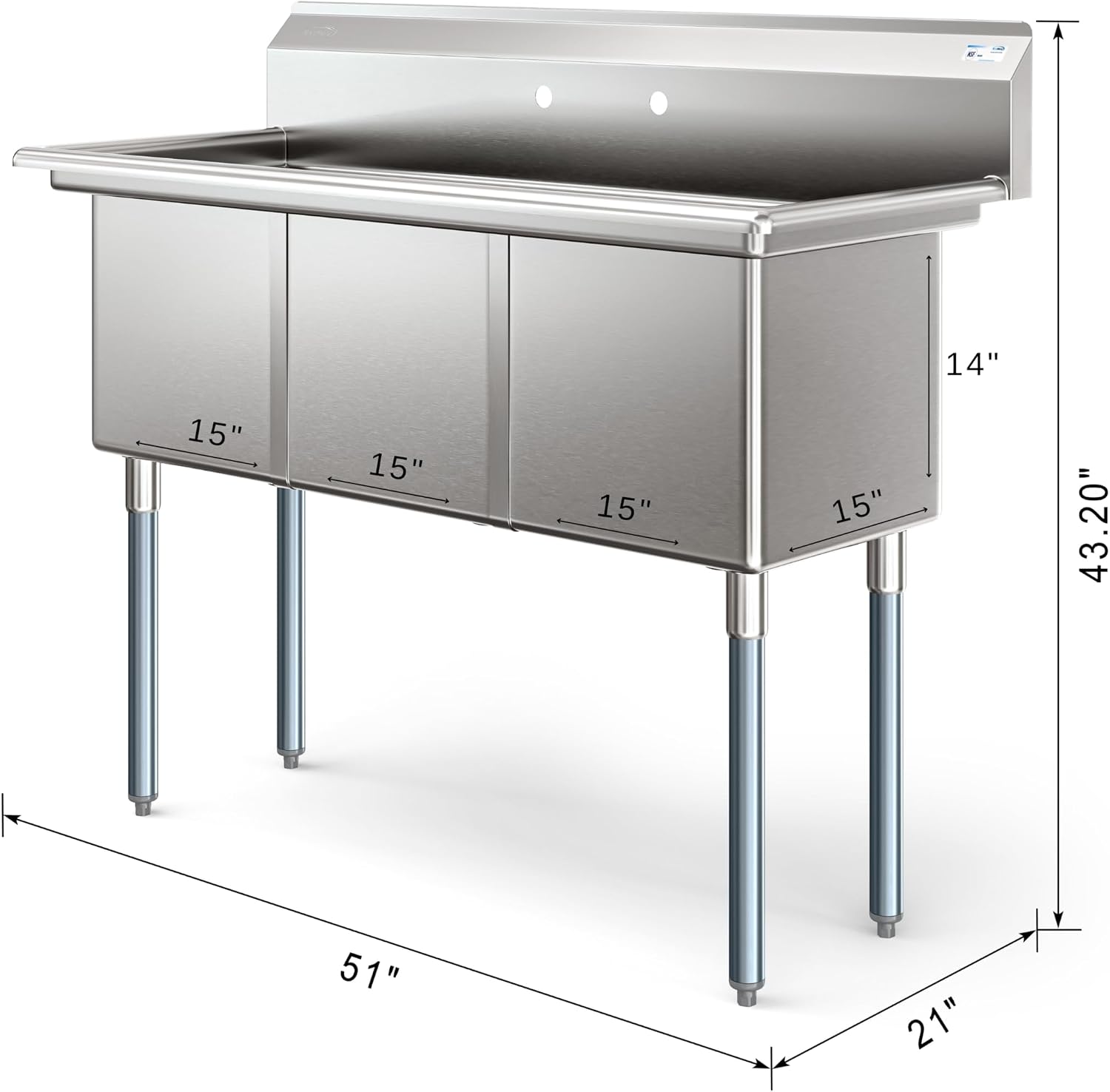 KoolMore 51 in. Three Compartment 16-Gauge Stainless-Steel Commercial Kitchen Sink, Bowl Size 15x15x14, with Three Basins for Washing and Rinsing Dishes and Pre-Drilled Faucet Holes (KM-SC151514-N316)