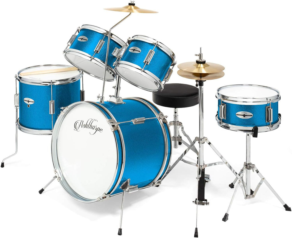 Ashthorpe 5-Piece Complete Junior Drum Set with Genuine Brass Cymbals - Advanced Beginner Kit with 16' Bass, Adjustable Throne, Cymbals, Hi-Hats, Pedals & Drumsticks - Blue