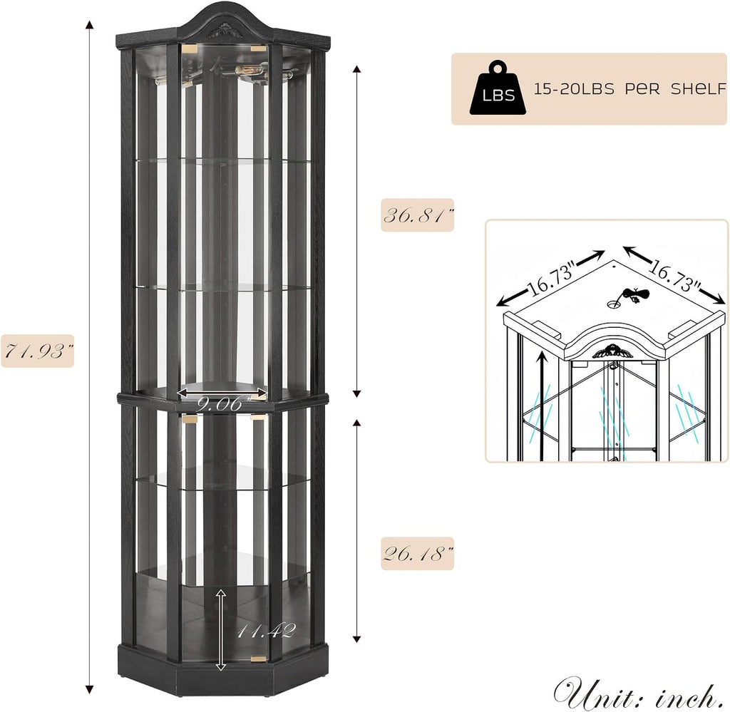 72' H Lighted Corner Curio Cabinet, Wooden Curio Cabinet with Tempered Glass Doors, 6-Tier Shelves Corner Cabinet with Glass, Liquor Display Storage Rack for Living Room(Black)
