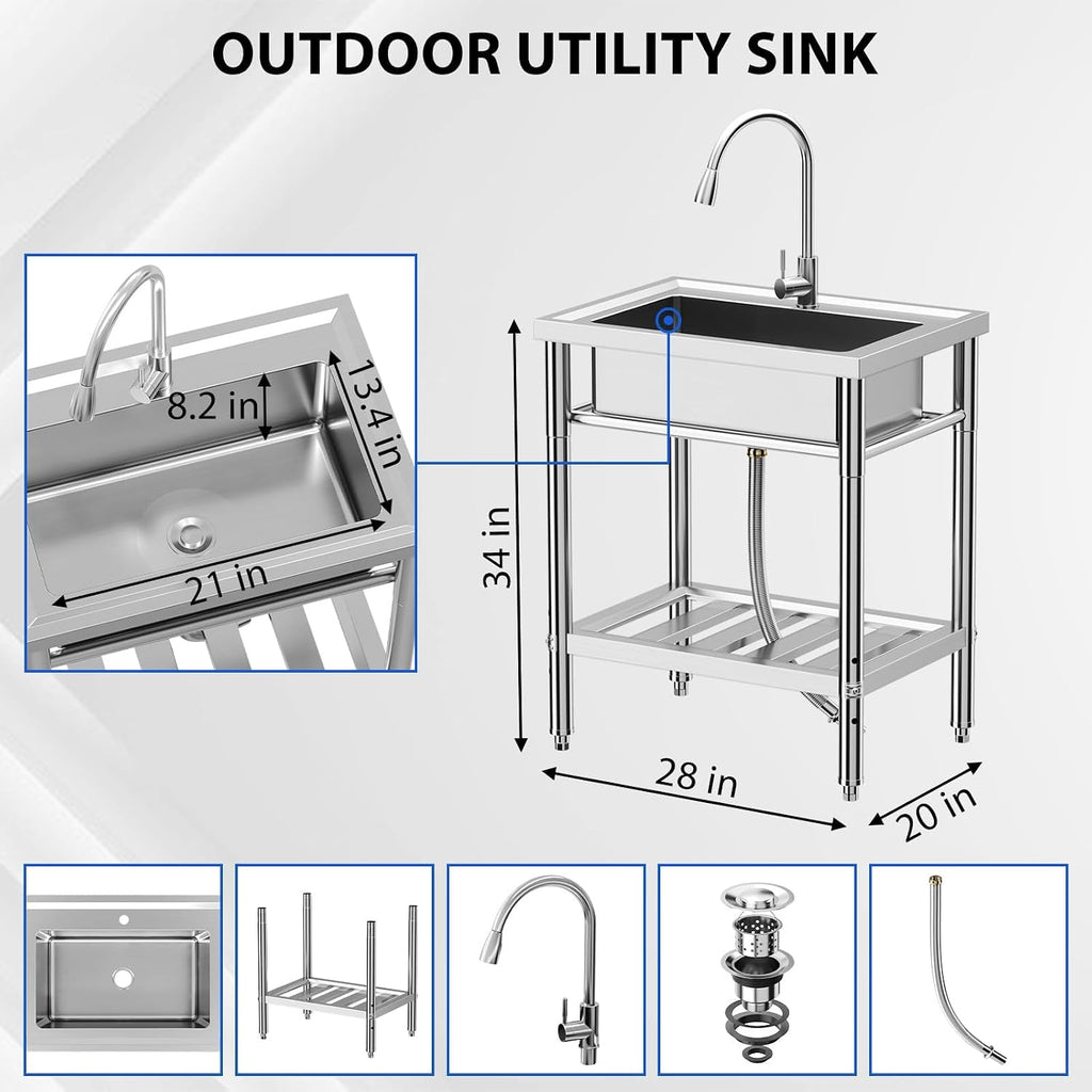 GarveeTech NSF Stainless Steel Single Bowl Sink, Freestanding Utility Sink with Pull-Out Faucet, Cold & Hot Water, for Kitchen, Bar, Garage, Backyard (28 in)