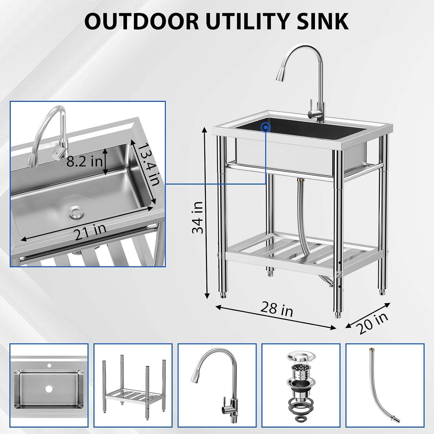 GarveeTech NSF Stainless Steel Single Bowl Sink, Freestanding Utility Sink with Pull-Out Faucet, Cold & Hot Water, for Kitchen, Bar, Garage, Backyard (28 in)