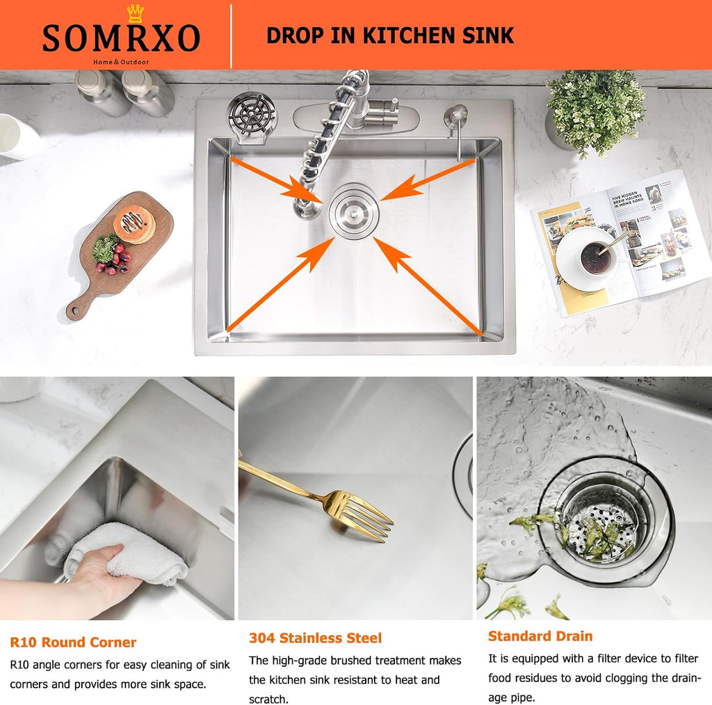 25 Inch Drop In Kitchen Sink with Faucet Combo - Stainless Steel Drop In Sink with Cup Washer, 9 Inch Deep Single Bowl Kitchen Sinks and Faucets Combo Set,Top Mount Design for Modern Kitchens