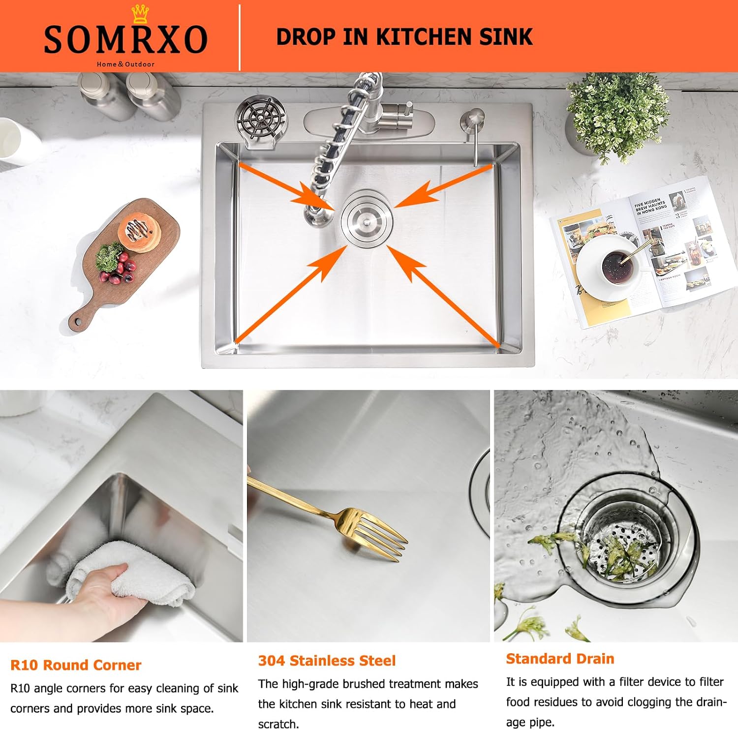25 Inch Drop In Kitchen Sink with Faucet Combo - Stainless Steel Drop In Sink with Cup Washer, 9 Inch Deep Single Bowl Kitchen Sinks and Faucets Combo Set,Top Mount Design for Modern Kitchens