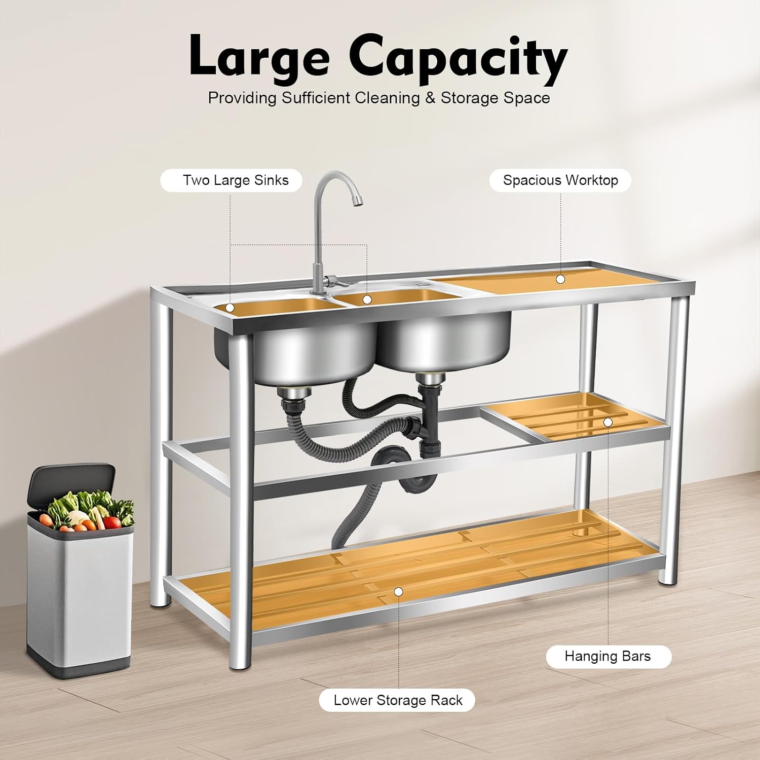 Free Standing Stainless Steel Sink, Double Bowl Commercial Restaurant Kitchen Sink Set w/Faucet Worktop Basin Double Storage Shelves Double Utility Sink Outdoor (47x17.7x31.5in-C)
