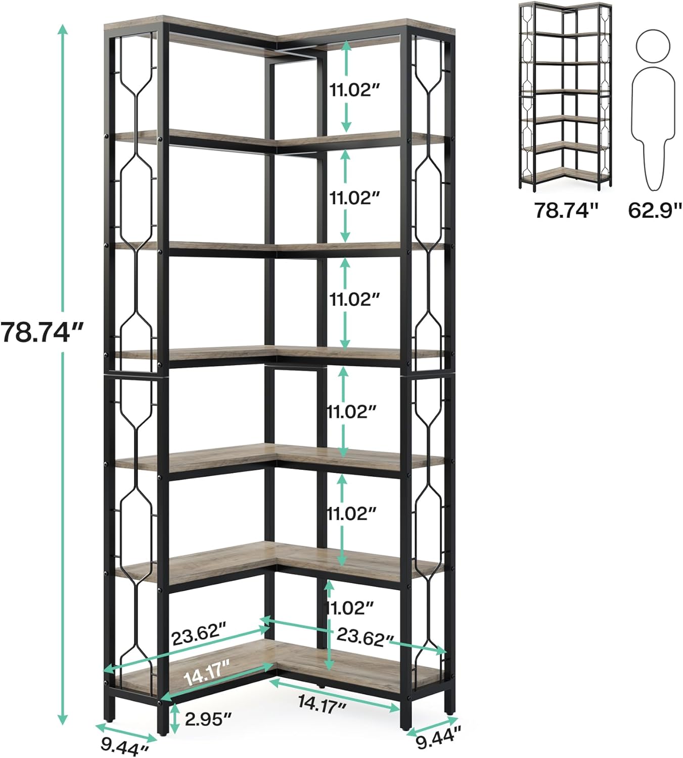 LITTLE TREE Corner Bookshelf, 7-Tier Bookcase, Tall Book Shelf Modern Book Case for Books, Garage Kit, CDs, Movies, Industrial Storage Organizer for Bedroom Home Office Kitchen Living Room, Grey