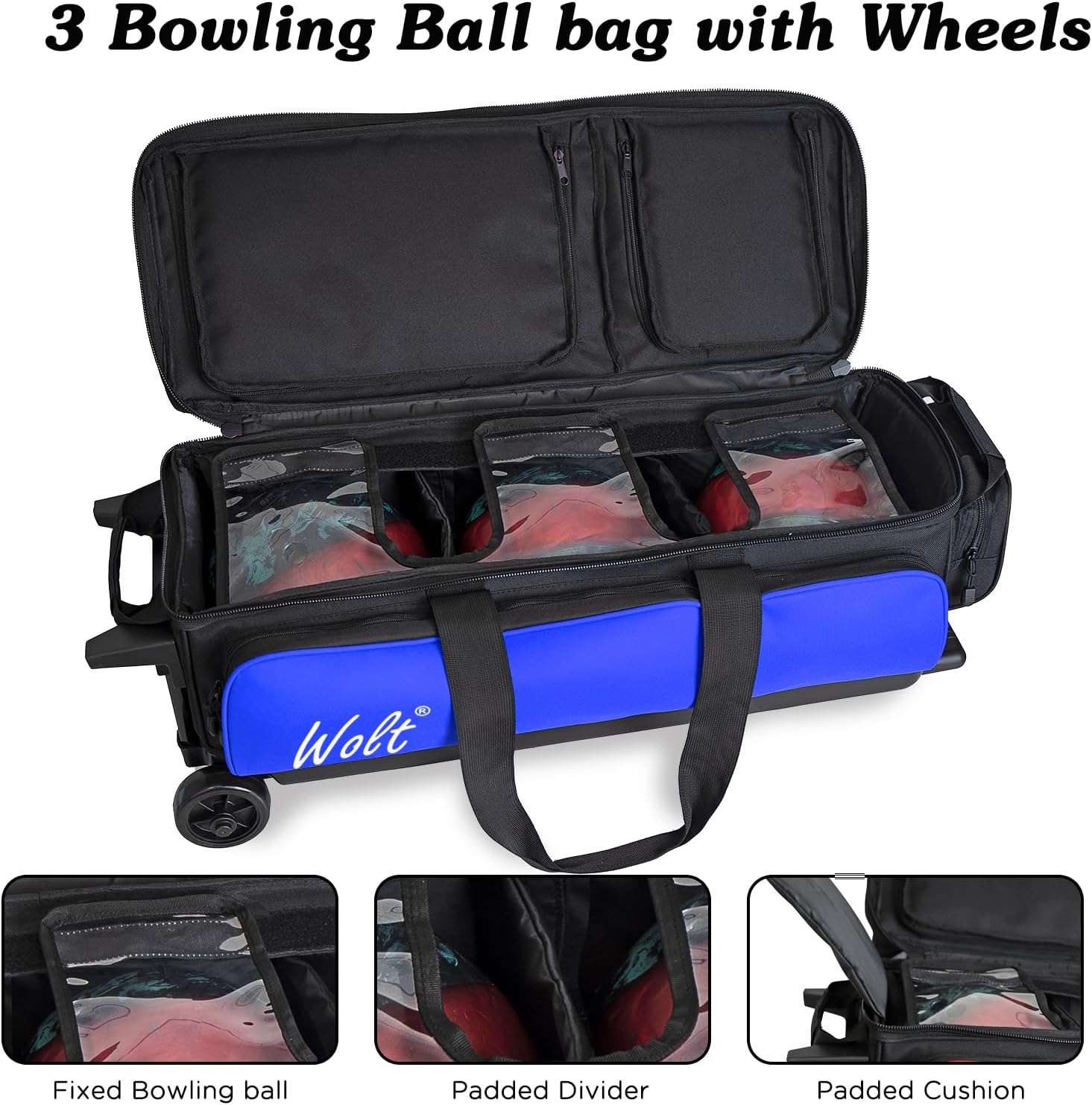 WOLT 3 Ball Bowling Bags with Wheels,Bowling Ball Bag 3 Ball Roller with Separate Shoe Compartment and Accessory Pocket, Retractable Handle Extends to 38''