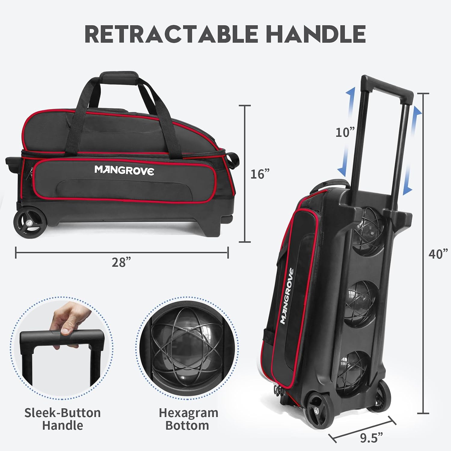Mangrove 3 Ball Bowling Bag with Wheels & Shoe Compartment, Deluxe Bowling Ball Bag 3 Ball Roller, Rolling Triple-Ball Bag w/Accessory Pocket & Retractable Handle Extends to 40''