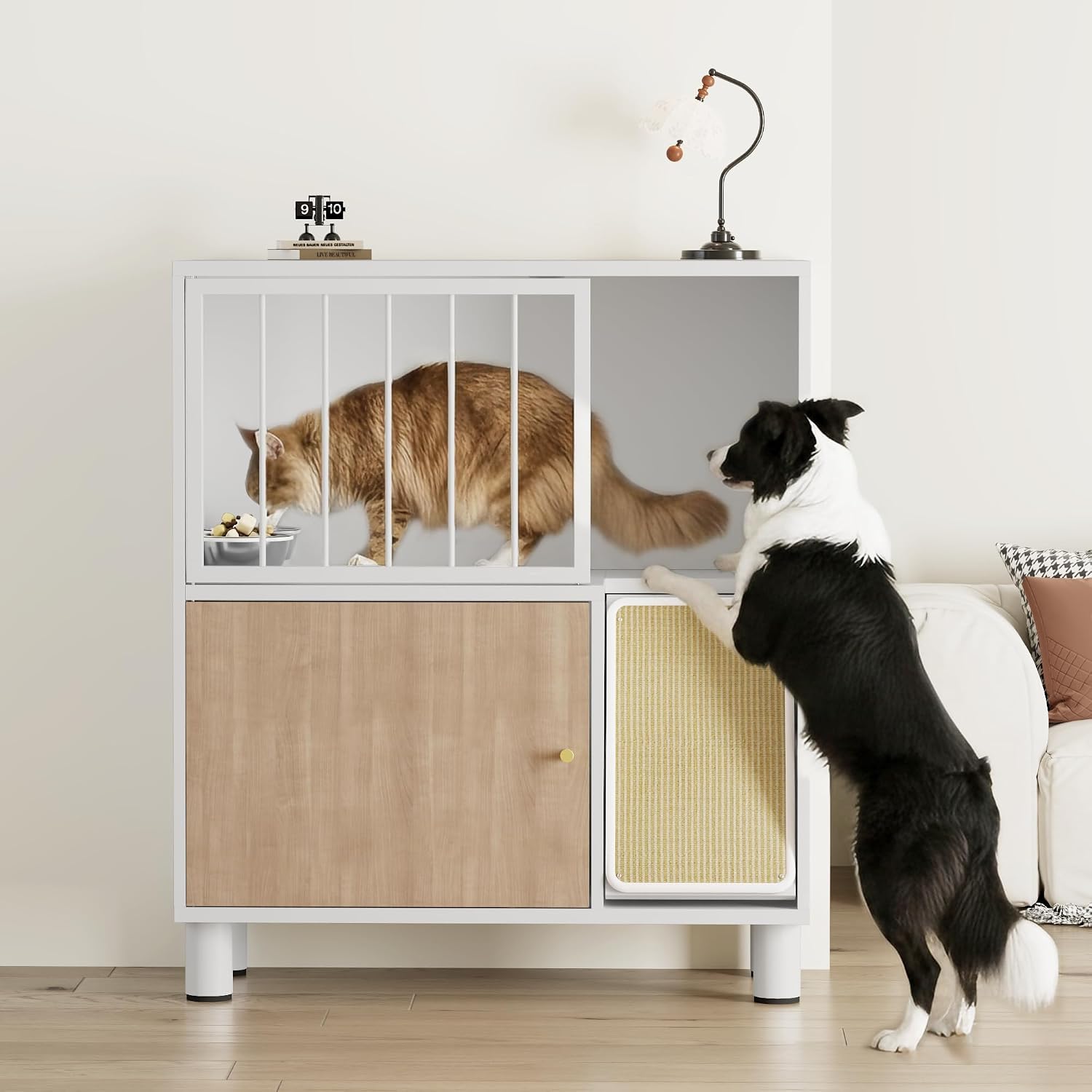 Dog Proof Cat Feeding Station, Metal Cat Feeding Station with Scratching Board, Raised Bowls for Indoor Cats, Elevated Food Bowls with Stand, Pet House Furniture (Metal White)