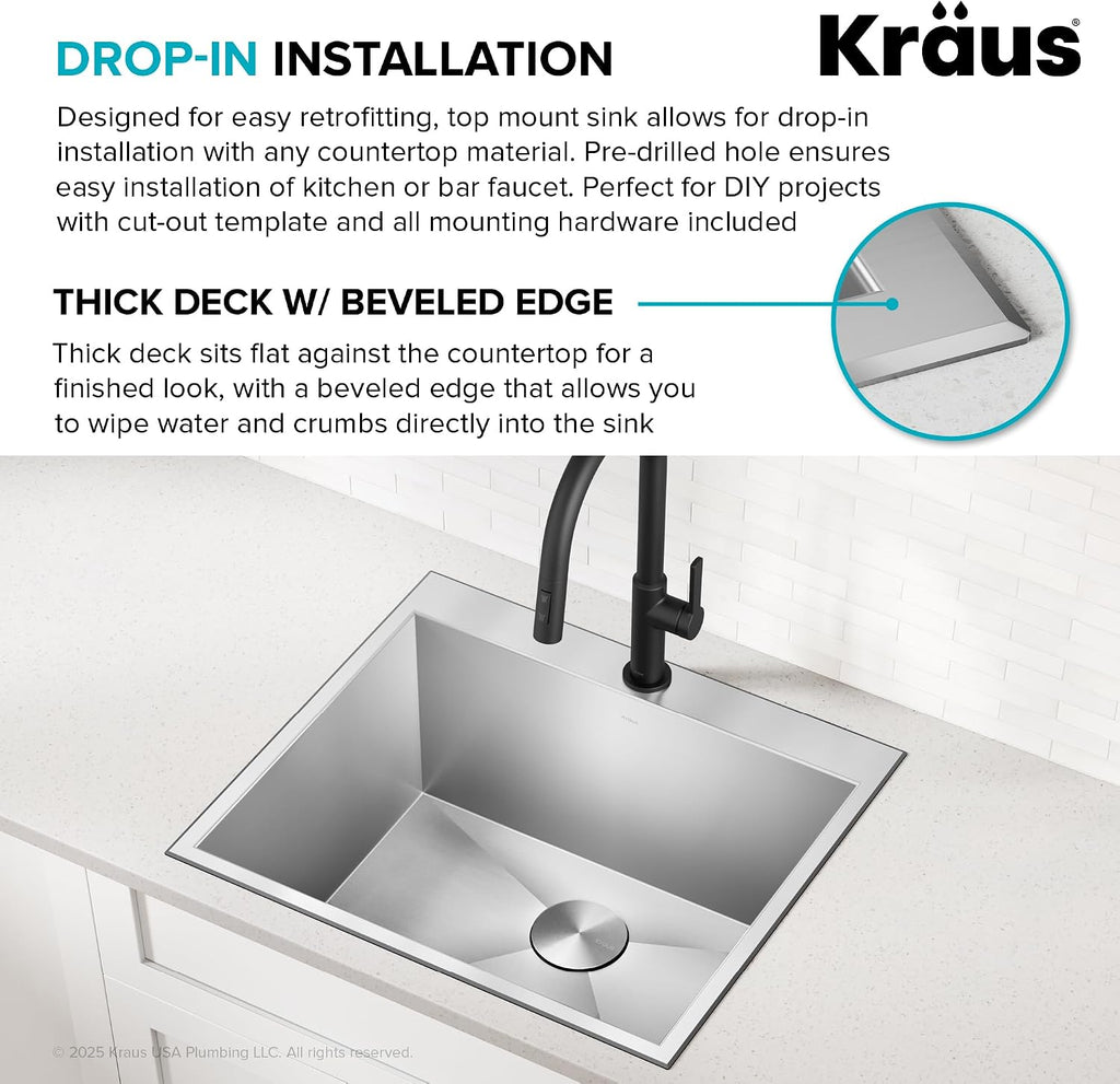 KRAUS Standart PRO 25-inch Drop-In Top Mount 16 Gauge Stainless Steel Single Bowl Laundry Utility Sink, KHT301-25L