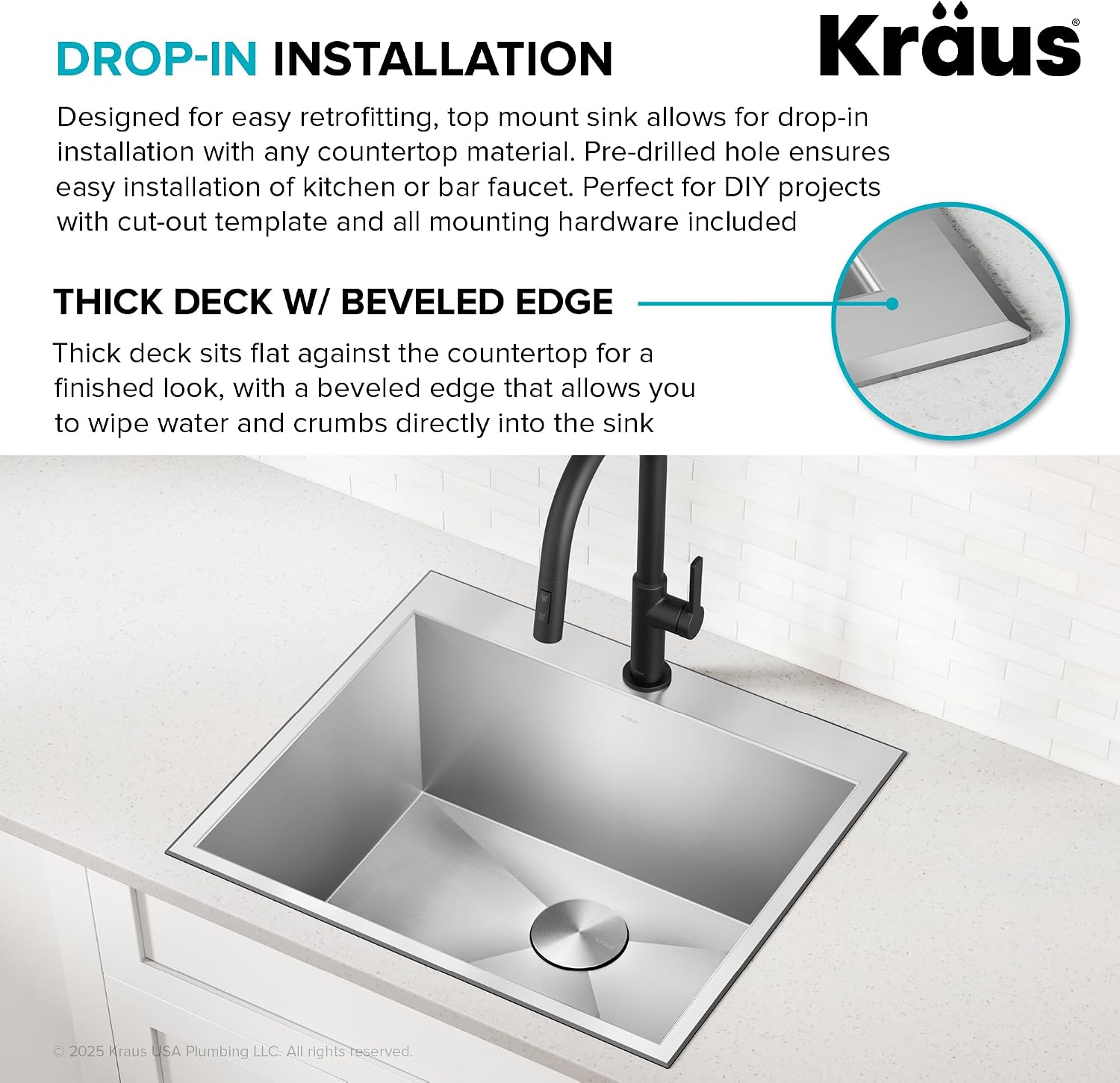 KRAUS Standart PRO 25-inch Drop-In Top Mount 16 Gauge Stainless Steel Single Bowl Laundry Utility Sink, KHT301-25L