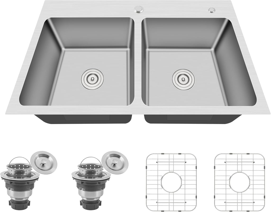 33x22 Drop In Double Bowl Kitchen Sink, 33 Inch Topmount 16 Gauge 304 Stainless Steel, Commercial Grade Large Capacity 50/50 Kitchen Sinks with Strainer and Grid, 33' x 22' x 9'
