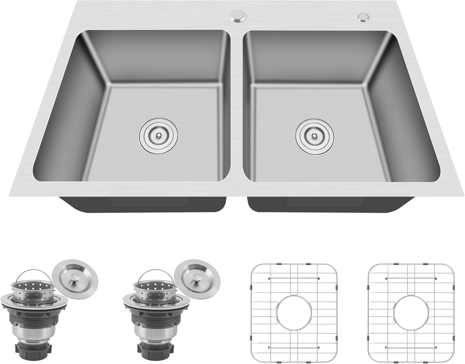 33x22 Drop In Double Bowl Kitchen Sink, 33 Inch Topmount 16 Gauge 304 Stainless Steel, Commercial Grade Large Capacity 50/50 Kitchen Sinks with Strainer and Grid, 33' x 22' x 9'