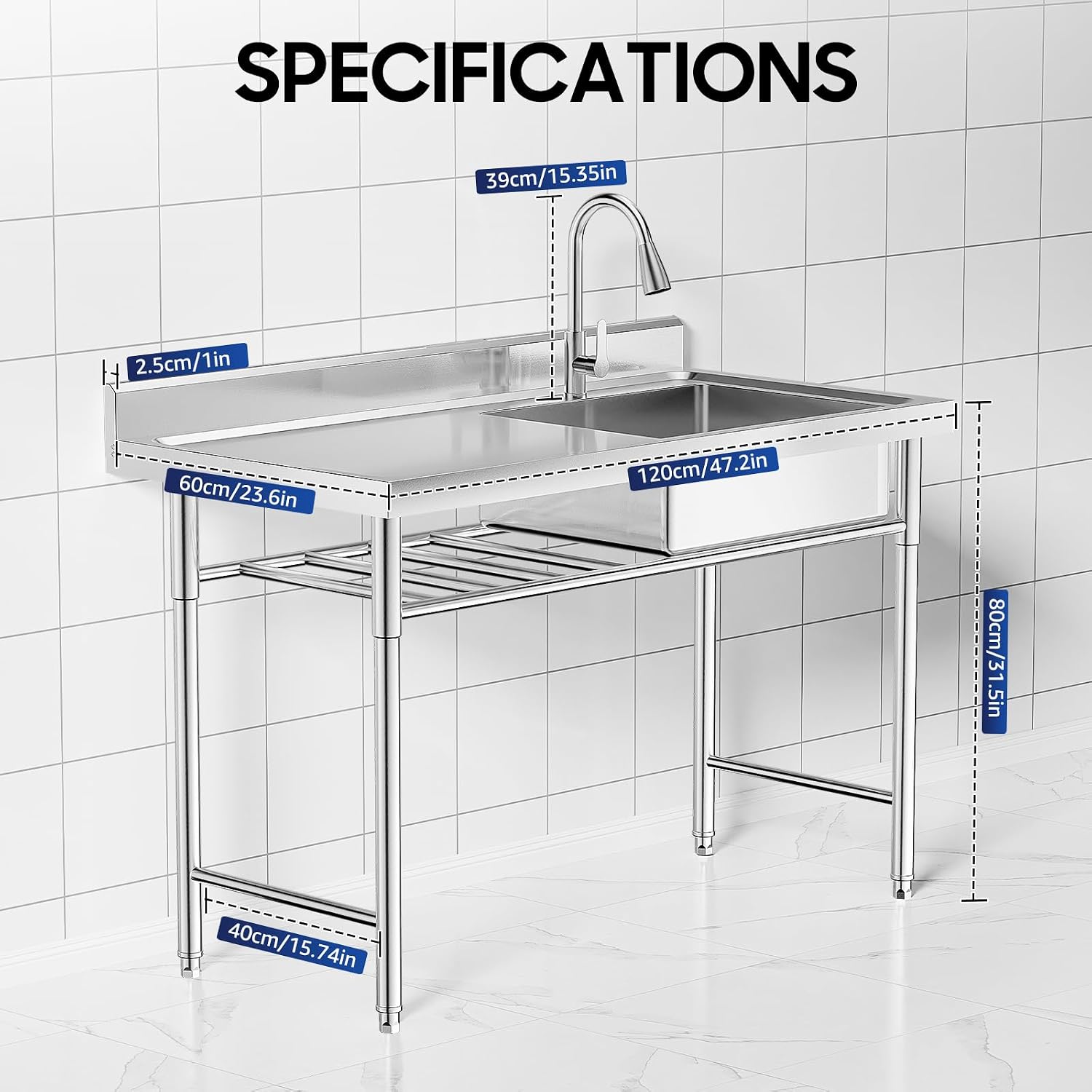Commercial Sink, 201 Stainless Steel Sink With Cold and Hot Water Faucet Indoor Floor Standing Sink for Kitchen Hotel Restaurant Storage Shelves Prep Table Workbench Utility Sink