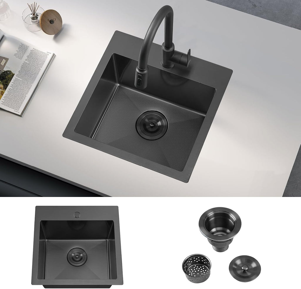 ATTOP 18 Inch Black Drop in Bar sink,18x18 Inch Nano Black Stainless Steel Handmade Small Single Bowl Sink Drop In Kitchen Bar sink
