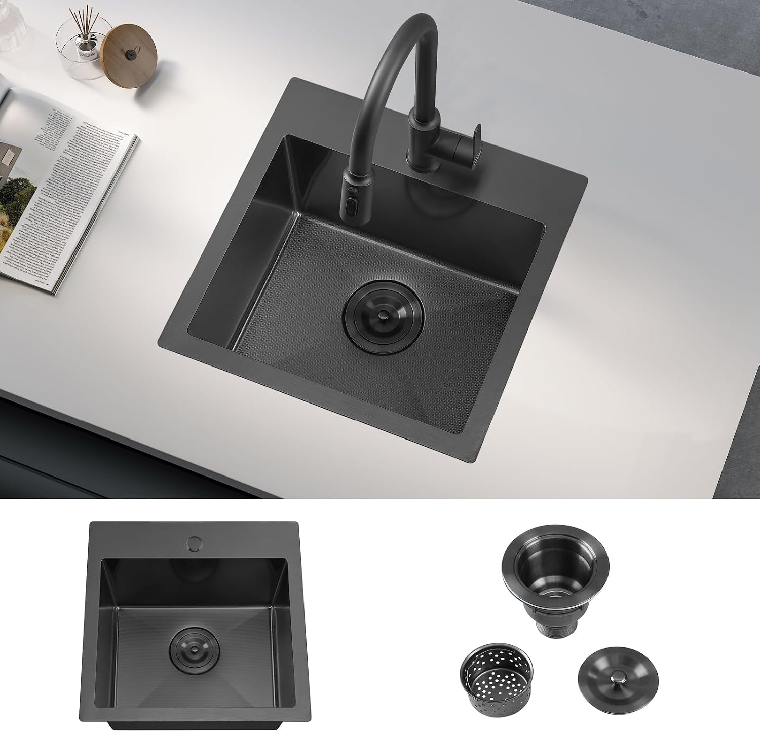 ATTOP 18 Inch Black Drop in Bar sink,18x18 Inch Nano Black Stainless Steel Handmade Small Single Bowl Sink Drop In Kitchen Bar sink