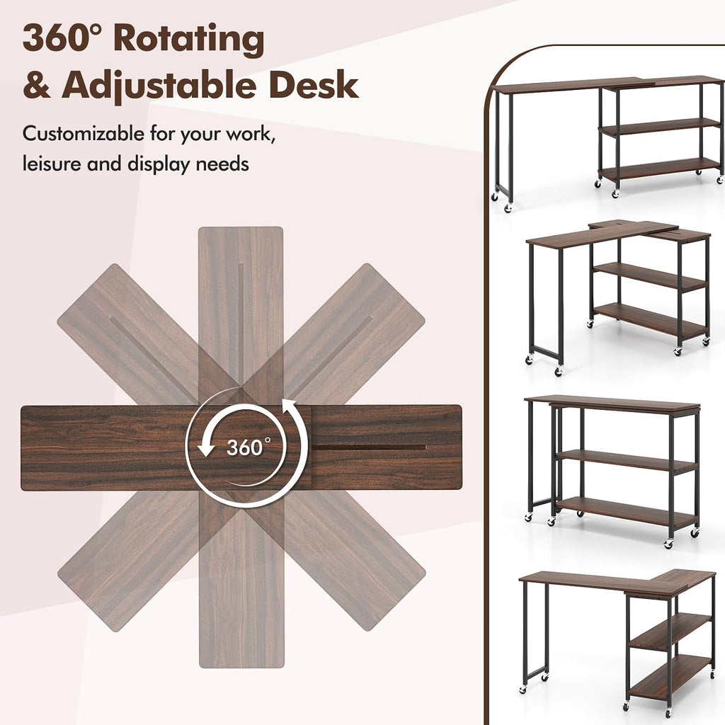 Giantex 360° Free Rotating Sofa Side Table, Patented Mobile End Table with 2-Tier Storage Shelves, 6 Universal Casters, Movable Laptop Tables for Snack, Couch, Walnut
