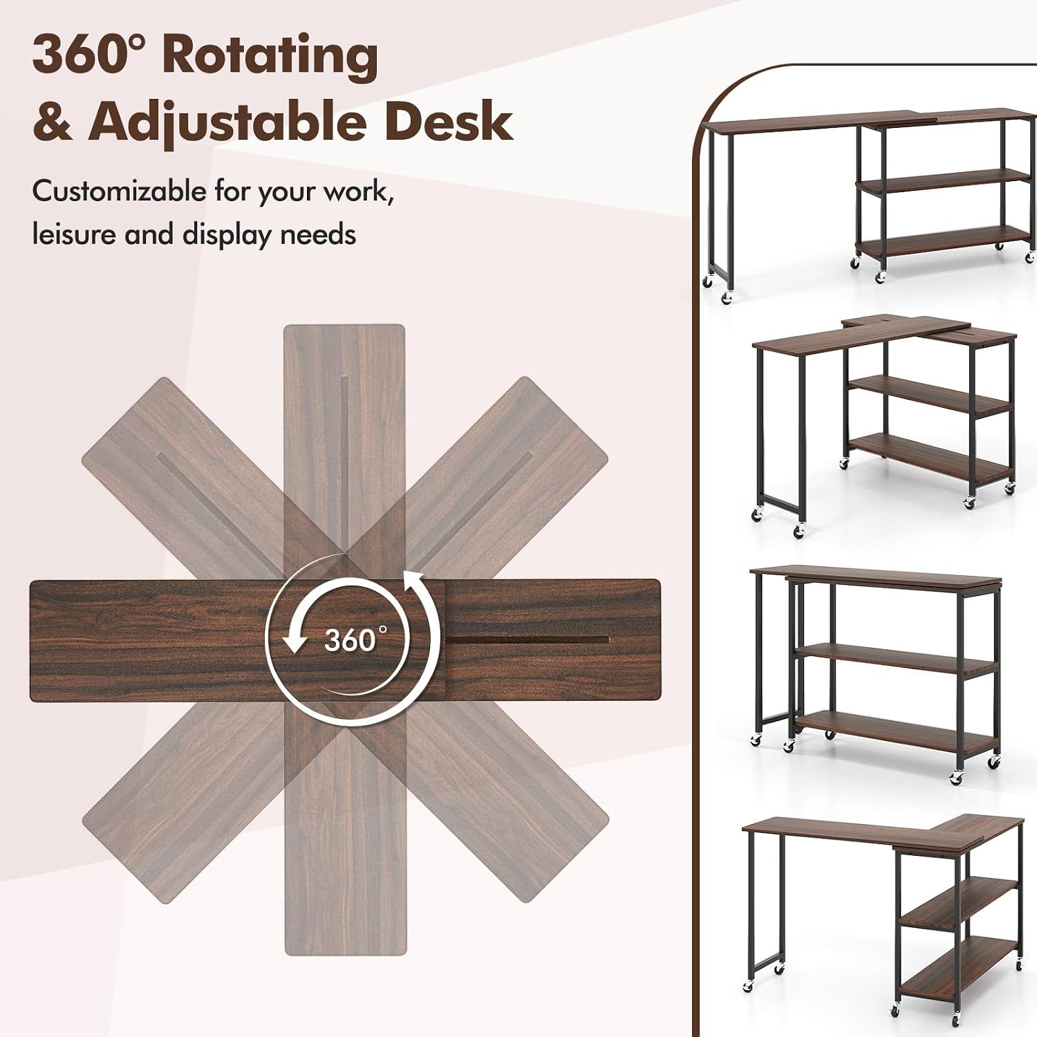Giantex 360° Free Rotating Sofa Side Table, Patented Mobile End Table with 2-Tier Storage Shelves, 6 Universal Casters, Movable Laptop Tables for Snack, Couch, Walnut