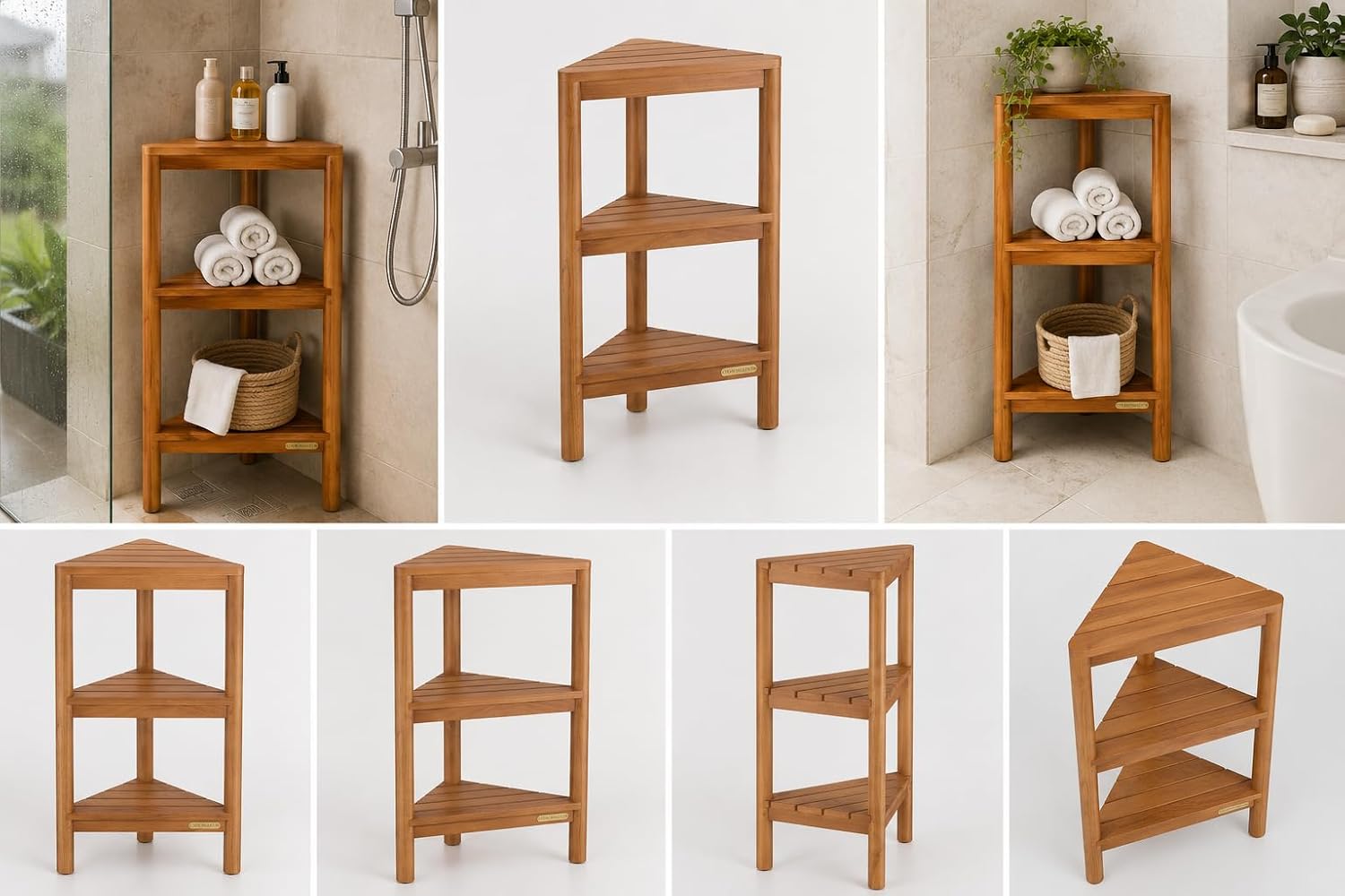 Fully Assembled Teak Corner Bath Shower Storage Stand, Corner Shelves, Shower Caddy 26.5'