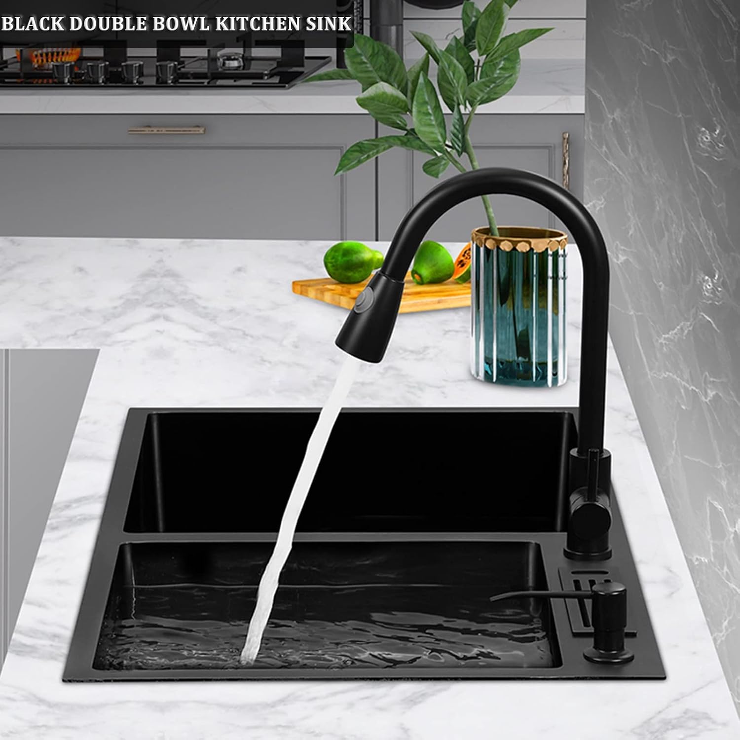 304 Stainless Steel Kitchen Sink Black Double Bowl Bar Preparation Sink RV Sink with Pull-Out Faucet and Drainage Assembly Top Mount Or Undermount (Color : Black, Size : 80x45x21cm) (Black 72x40x