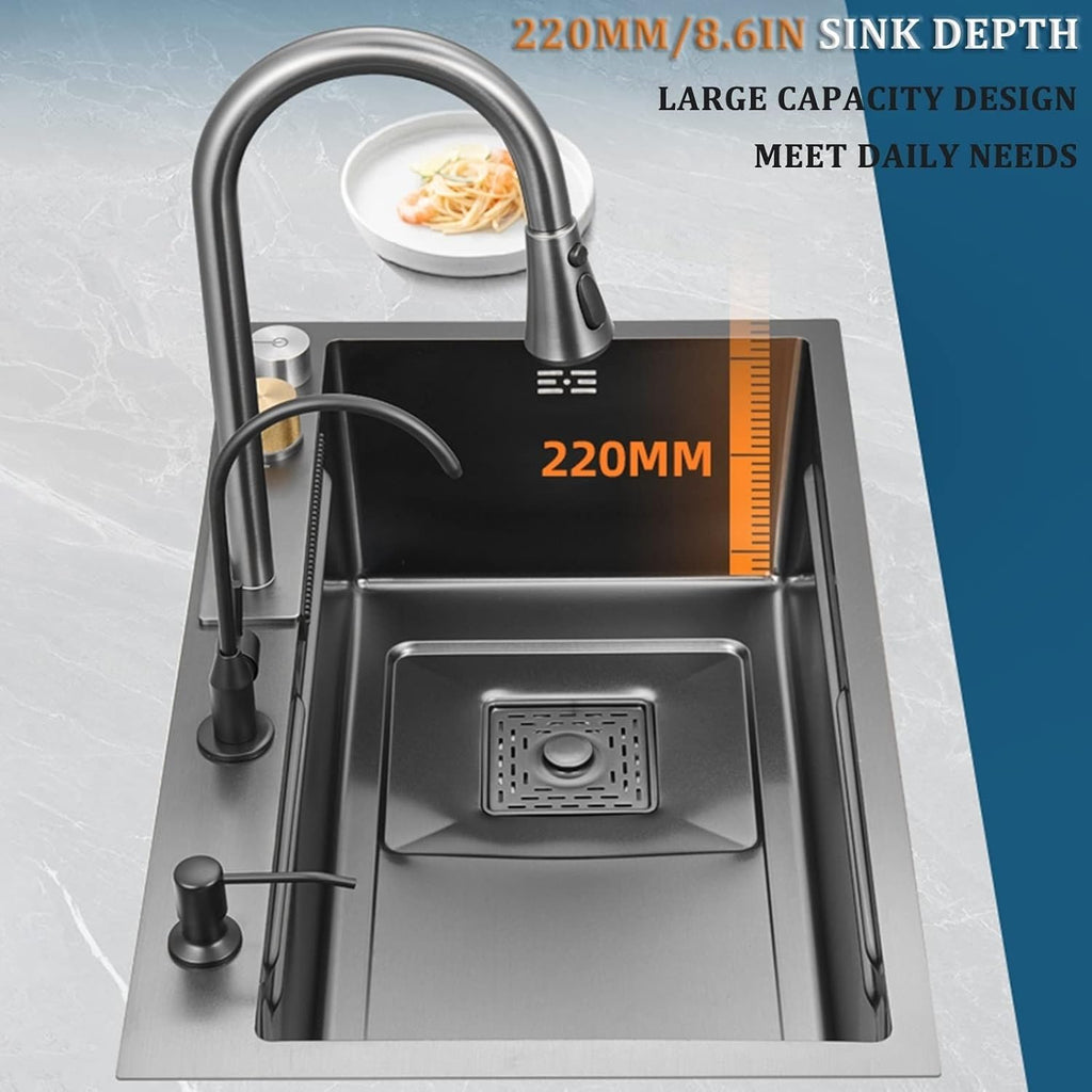 Single Bowl Kitchen Sink 304 Stainless Steel Single Bowl Bar Prep Sink RV Sink with Faucet Cup Washer Drain Assembly Drop in Or Under Mount (Black-72x45x22cm