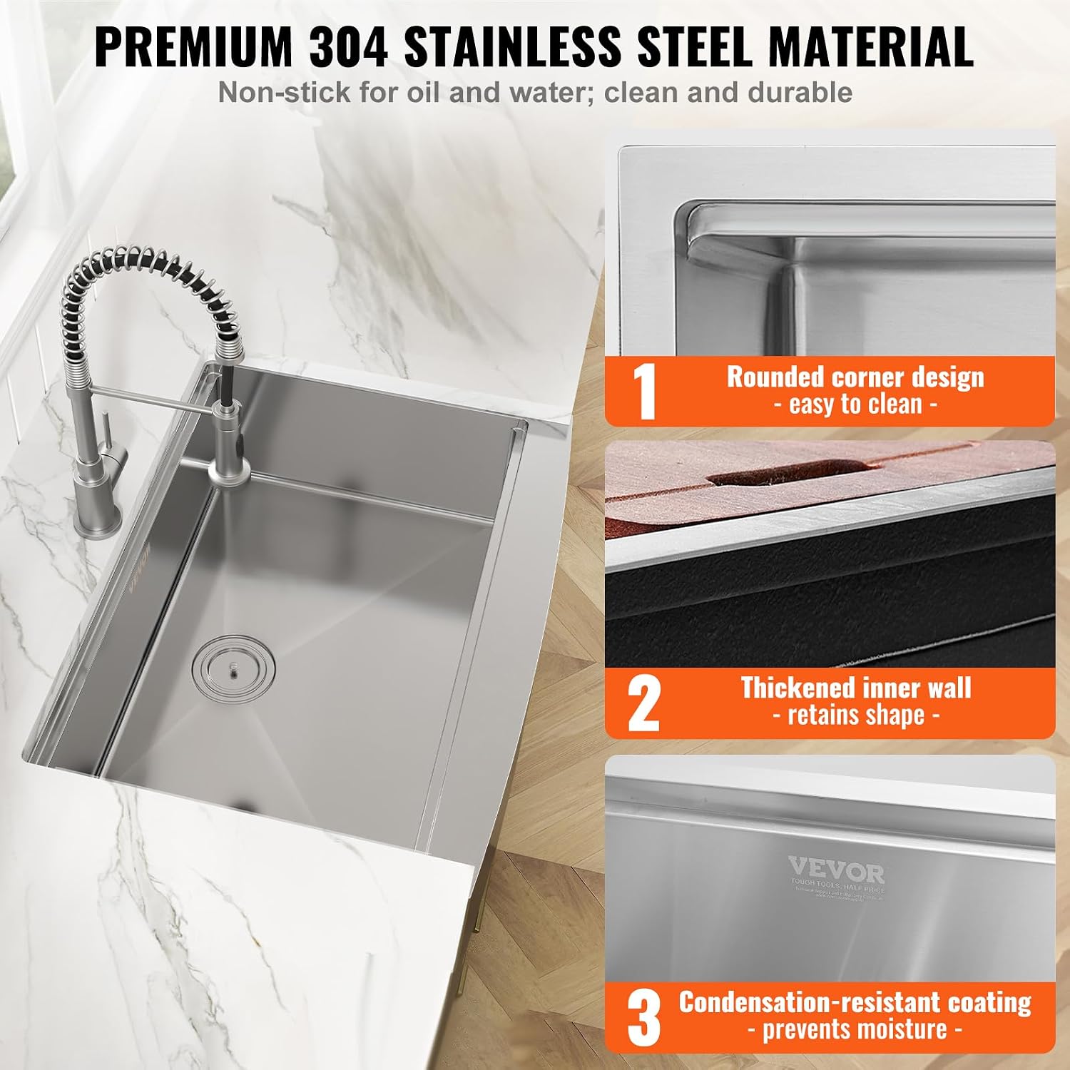 VEVOR 36 inch Kitchen Sink, 304 Stainless Steel Drop-In Sinks, Laundry Sink Top Mount Single Bowl Basin with Farm Sink Accessories, Household Dishwasher Sinks for Kitchen, Workstation, and Bar Sink