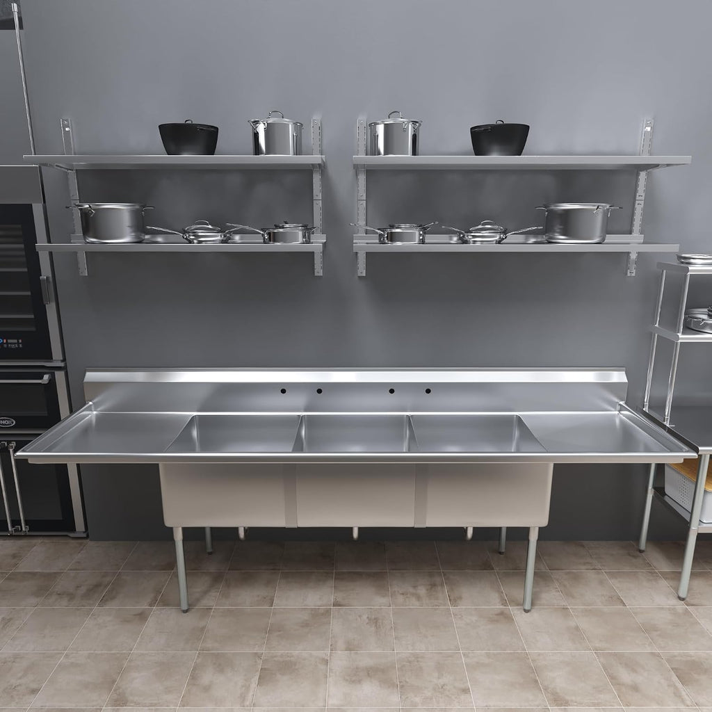 120 in. x 30 in. Stainless Steel Three Compartment Sink with 24 in. x 24 in. x 14 in. Bowls and Dual 24 in. Drainboards