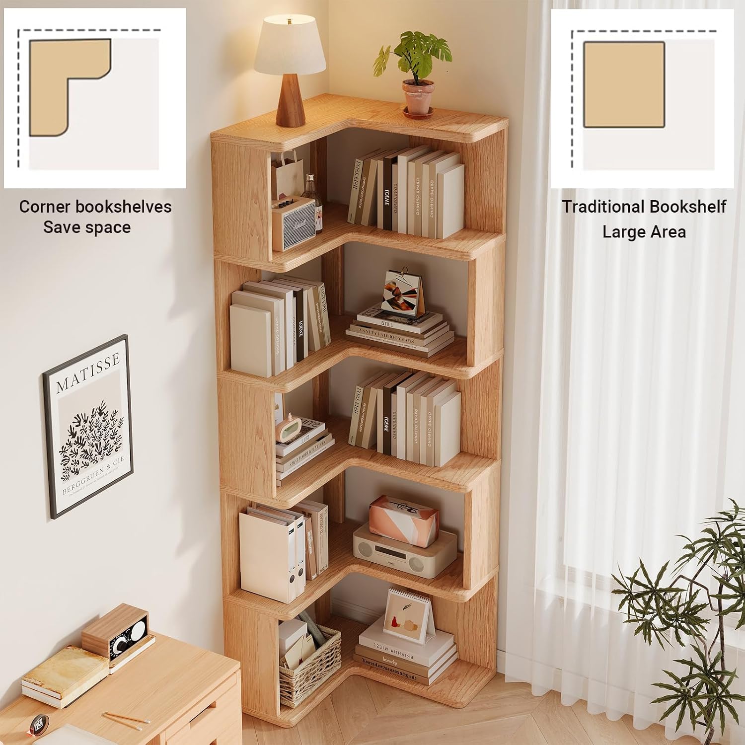 5-Tier Corner Bookshelf with Storage, Modern Geometric Bookcase, L-Shaped Book case estantes,Wooden Storage Shelves,for Home Office, Living Room, Bedroom (5-Tier)