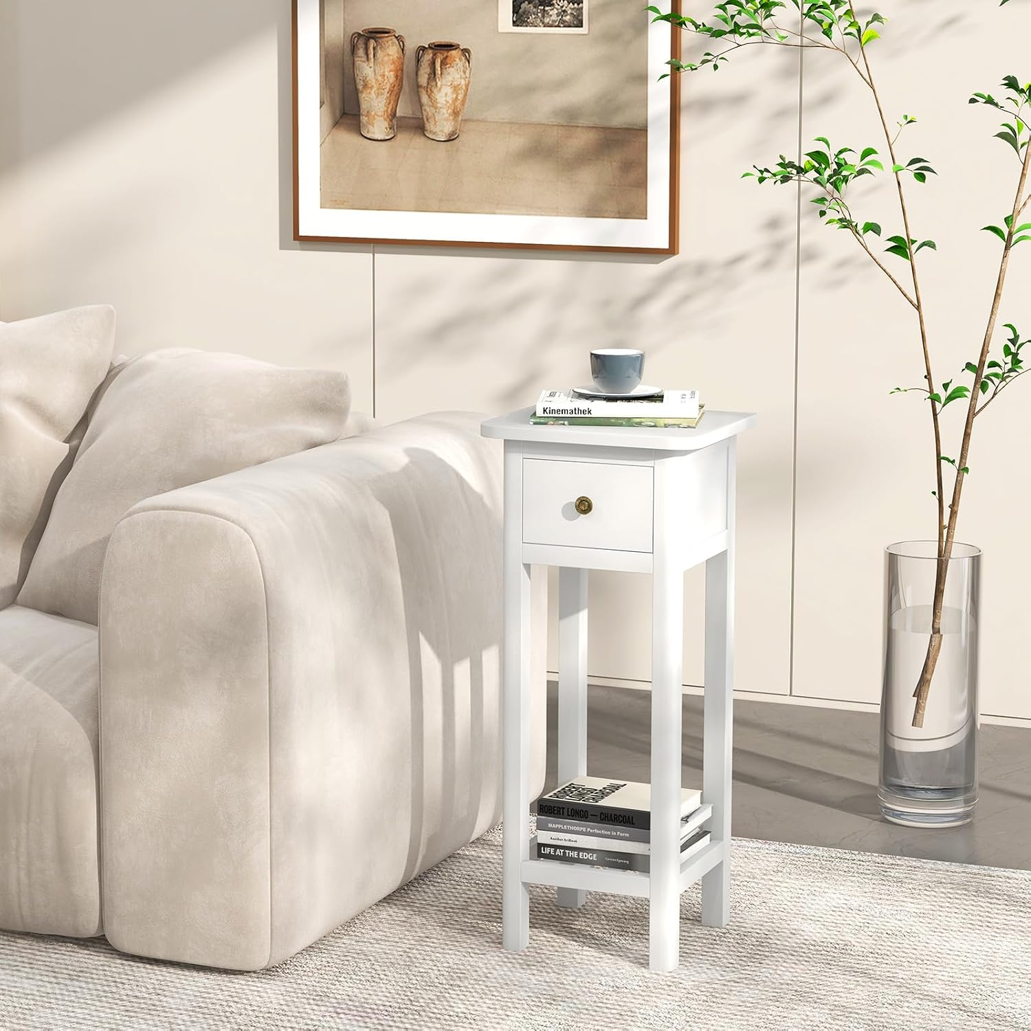 GOFLAME Narrow Side Table Set of 2, Small End Table with Drawer & Shelf, Farmhouse Acacia Wood Tall Sofa Side Table, Slim Nightstand Bedside Table for Small Space Living Room, No Assembly, White