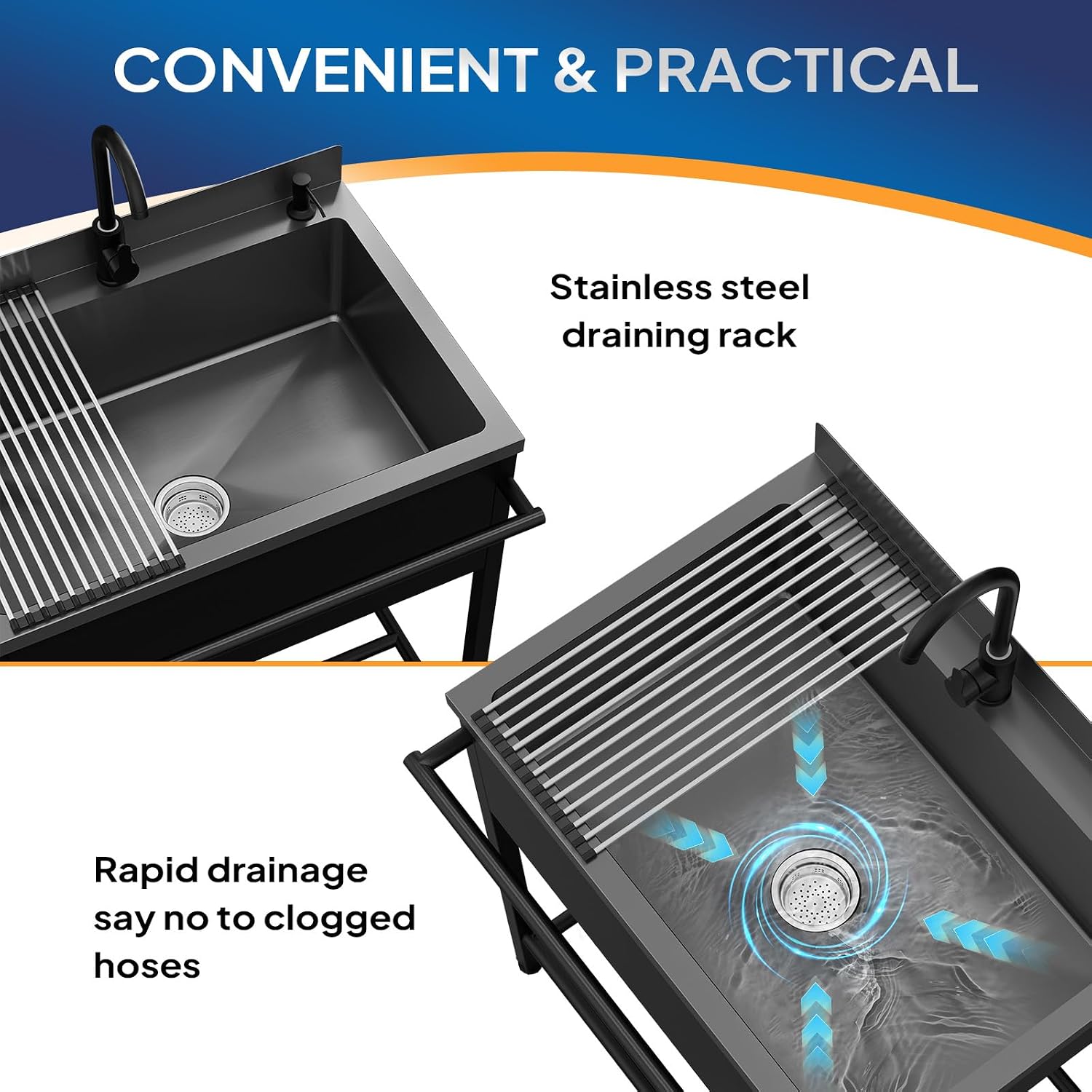 ROVSUN Stainless Steel Utility Sink, Free Standing with Faucet & Draining Rack for Laundry Room, Kitchen, Restaurant, Garage, Outdoor Garden, Backyard, Industrial 22'D x 30.71'W x 40.35'H Black