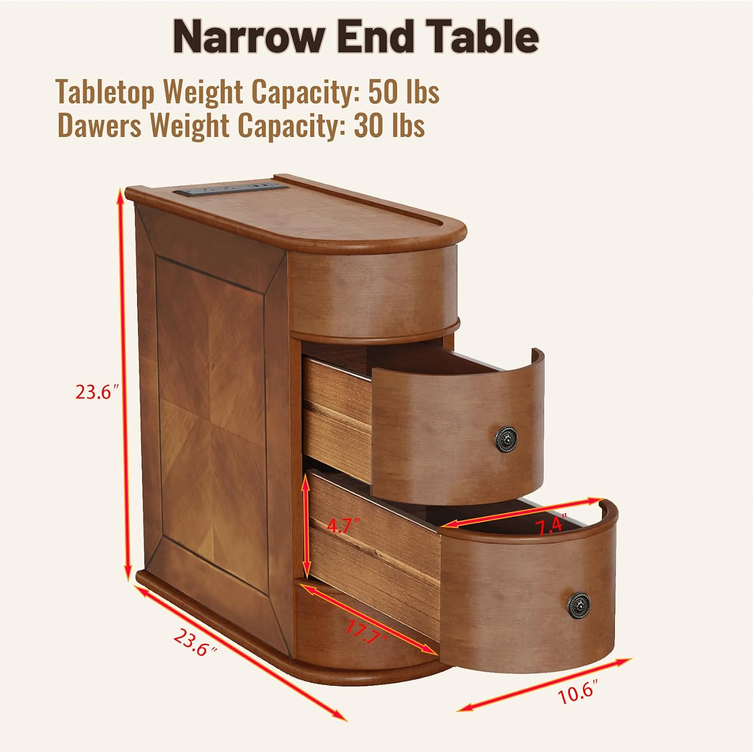 Narrow End Table with Charging Station, Wood Side Table with Drawers for Small Spaces, Long Nightstand with Storage, Slim Bedside Cabinet for Living Room/Bedroom/Corner, Fully Assembled, Walnut