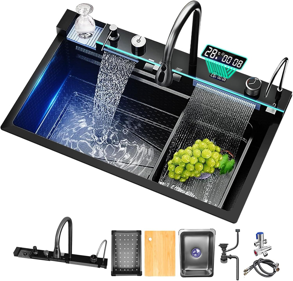 Sinks Undermount or Countertop Single Bowl Stainless Steel Kitchen Sink with Drain basket, cutting board, vegetable sink, multi-function pull-out faucet set (Black, 26.7x18x9 Inch)