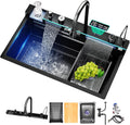 Sinks Undermount or Countertop Single Bowl Stainless Steel Kitchen Sink with Drain basket, cutting board, vegetable sink, multi-function pull-out faucet set (Black, 26.7x18x9 Inch)