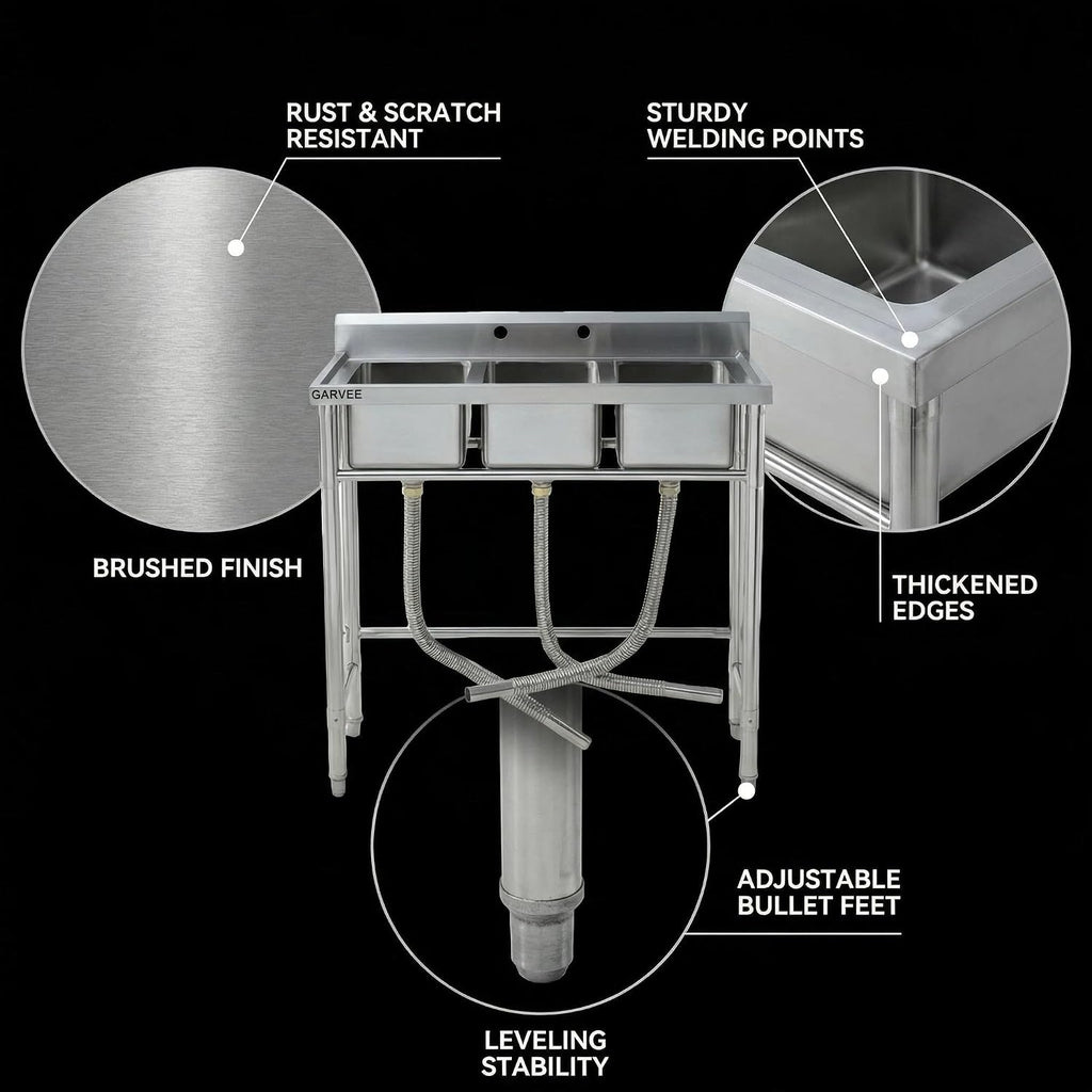 Stainless Steel Kitchen basin – 2.0 Series, Durable & Corrosion Resistant, Single/Triple Bowl, Easy-to-Clean, Compact – For Home, Restaurant, Bar, Laundry, Food Truck