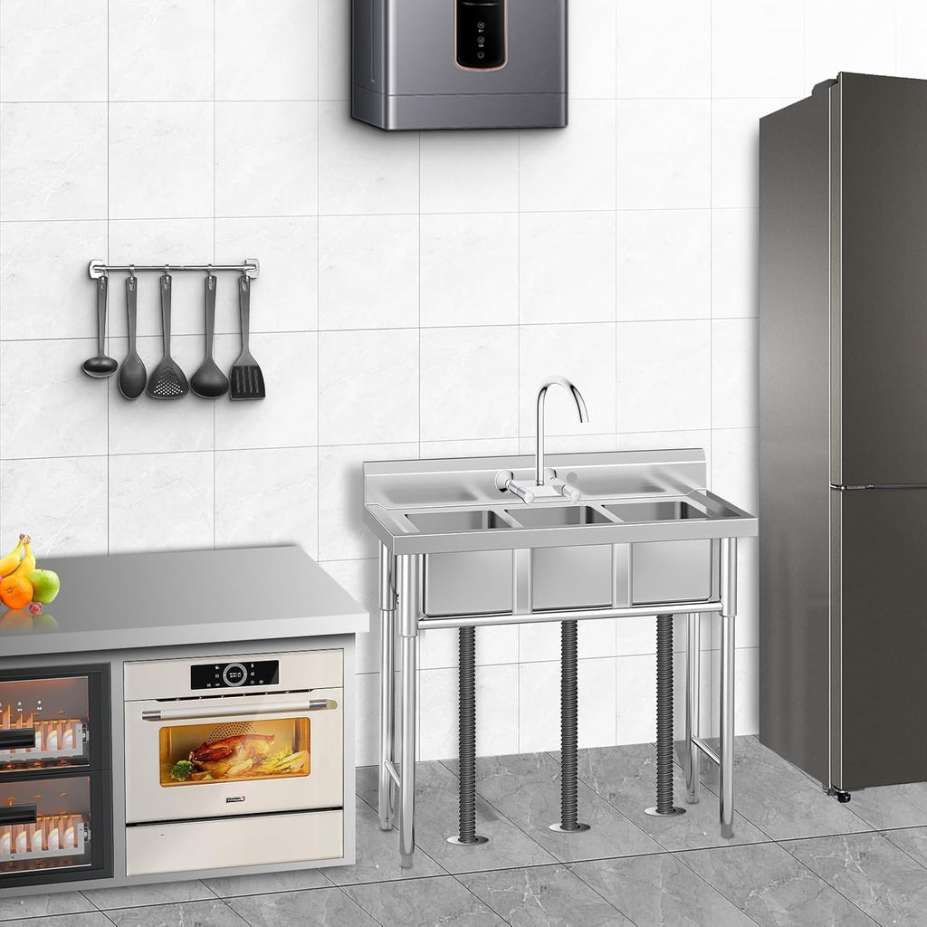 Commercial Stainless Steel 3-Compartment Utility basin - Freestanding Prep basin with Adjustable Legs & Storage Shelf, Triple Bowl for Restaurant, Laundry or Garage