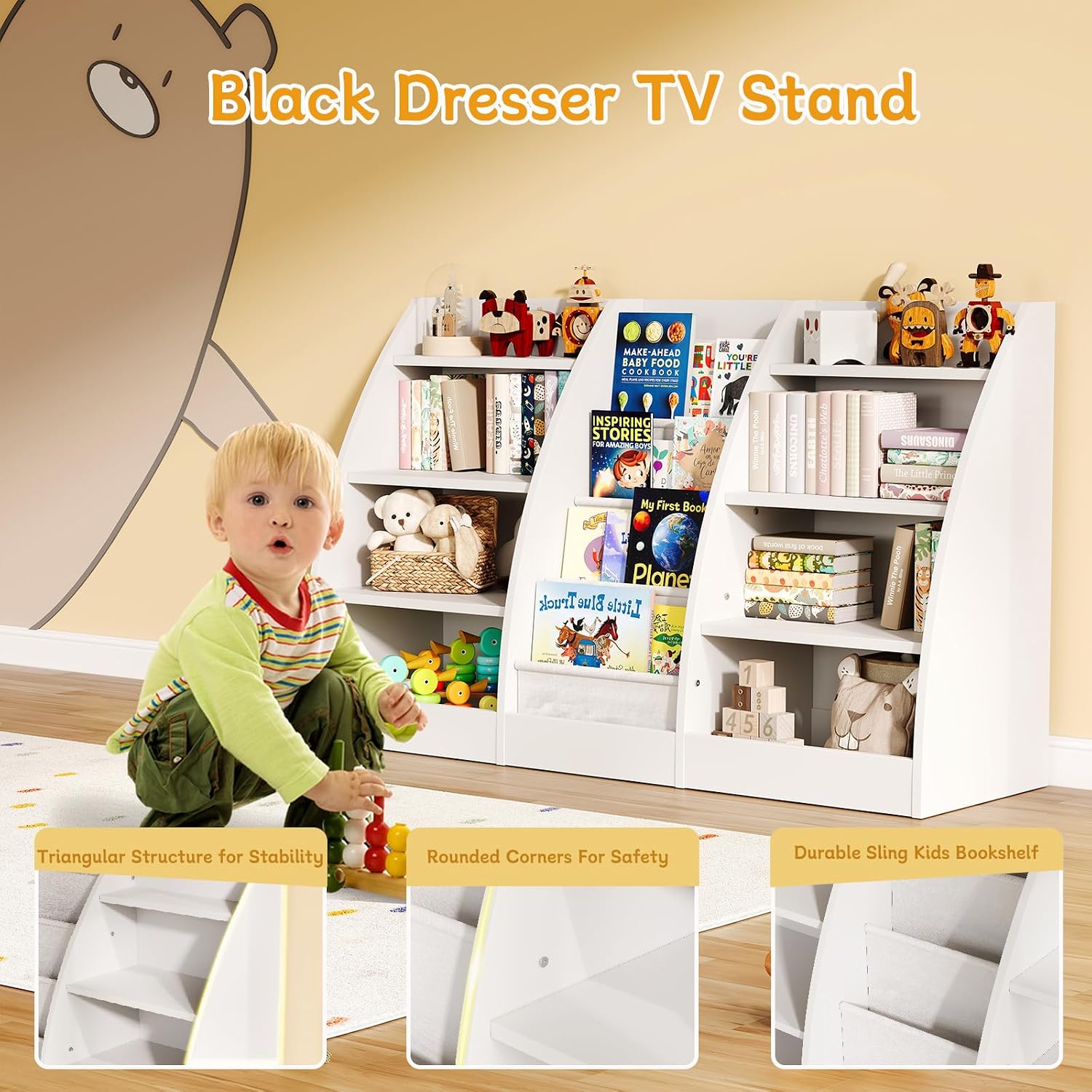 4 Tier Kids Bookshelf, 4 Layer Sling Kids Book Shelf for Kids Rooms, XL Wood Children Bookcase,Baby Storage Book Rack,Toddler Bookshelf, Book and Toy Organizer,Book Display Shelf for Bedroom, Nursery