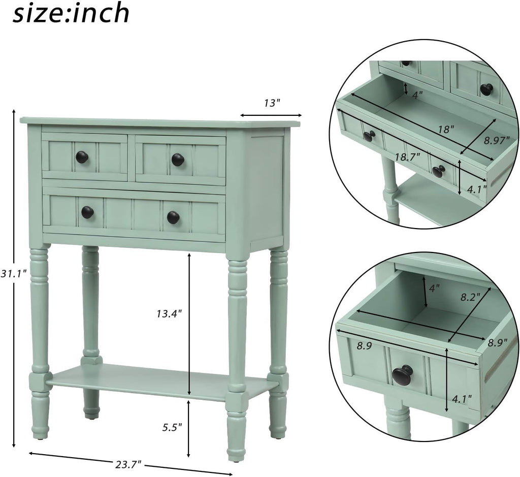 Knocbel Slim Antique Entry Console Table with Drawers & Bottom Open Shelf, Solid Wood Sofa Couch Table for Entryway Hallway Living Room (Mint Green)