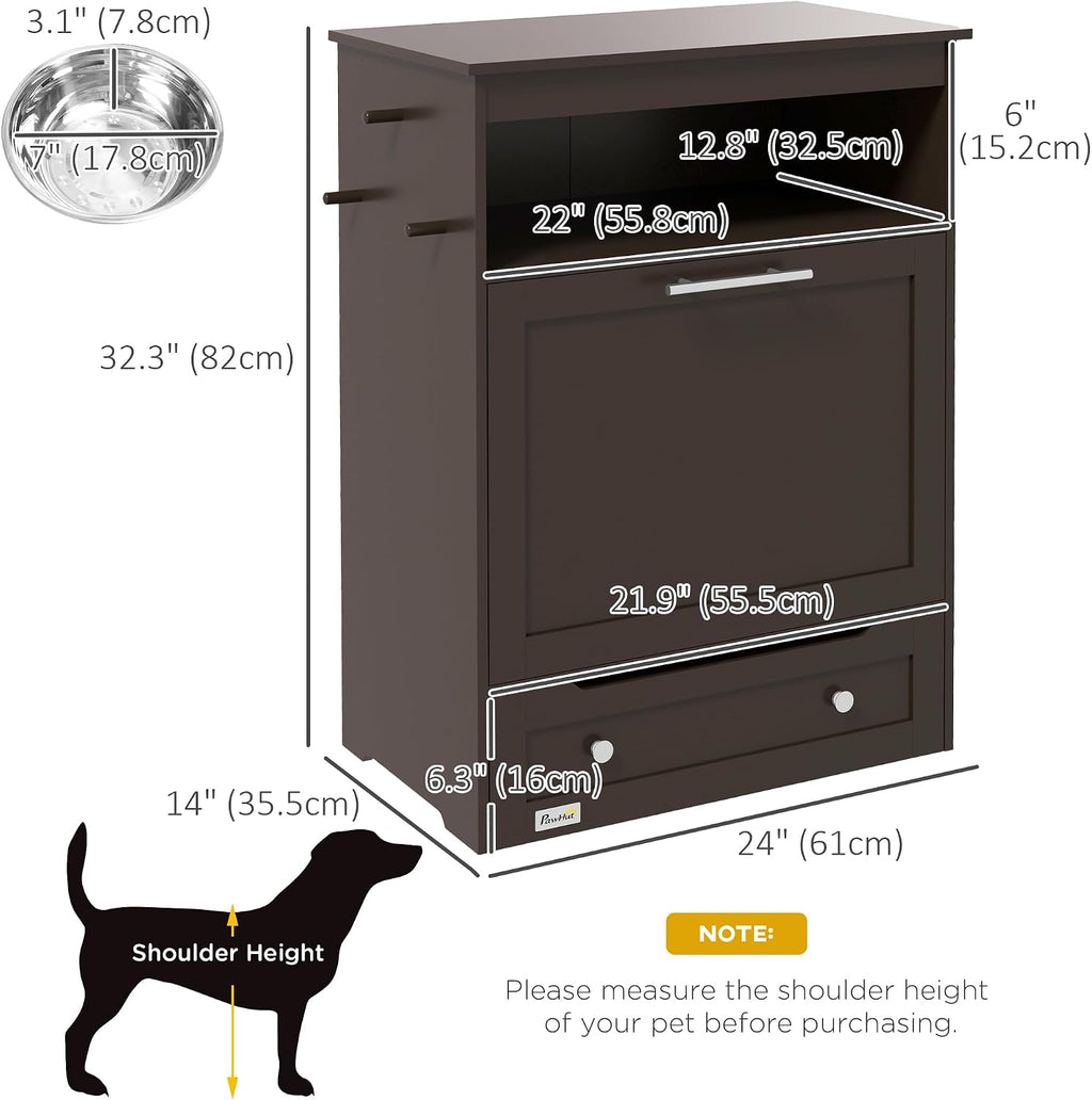 PawHut Dog Feeding Station with Raised Bowls, Dog Food Storage Cabinet with Hanger for Feeding & Watering Supplies, Pet Feeder Station, Brown