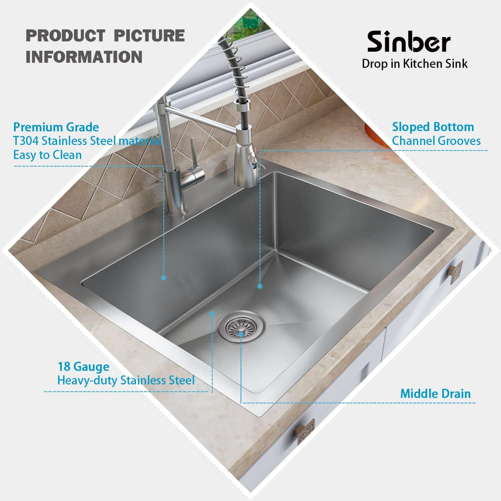 Sinber HT2522S-9-S 25' x 22' x 9' Drop In Single Bowl Kitchen Sink with 18 Gauge 304 Stainless Steel Satin Finish (Sink Only)
