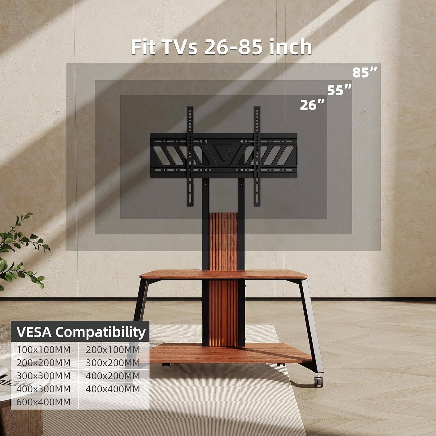 Heavy Duty Mobile TV Stand Rolling TV Cart with Wheels for 32-85 Inch Flat/Curved Led/LCD/OLED Portable Floor TV Stand with Wooden Shelves, Height Adjustable Holds up to 220lbs,Max VESA 600 x400mm