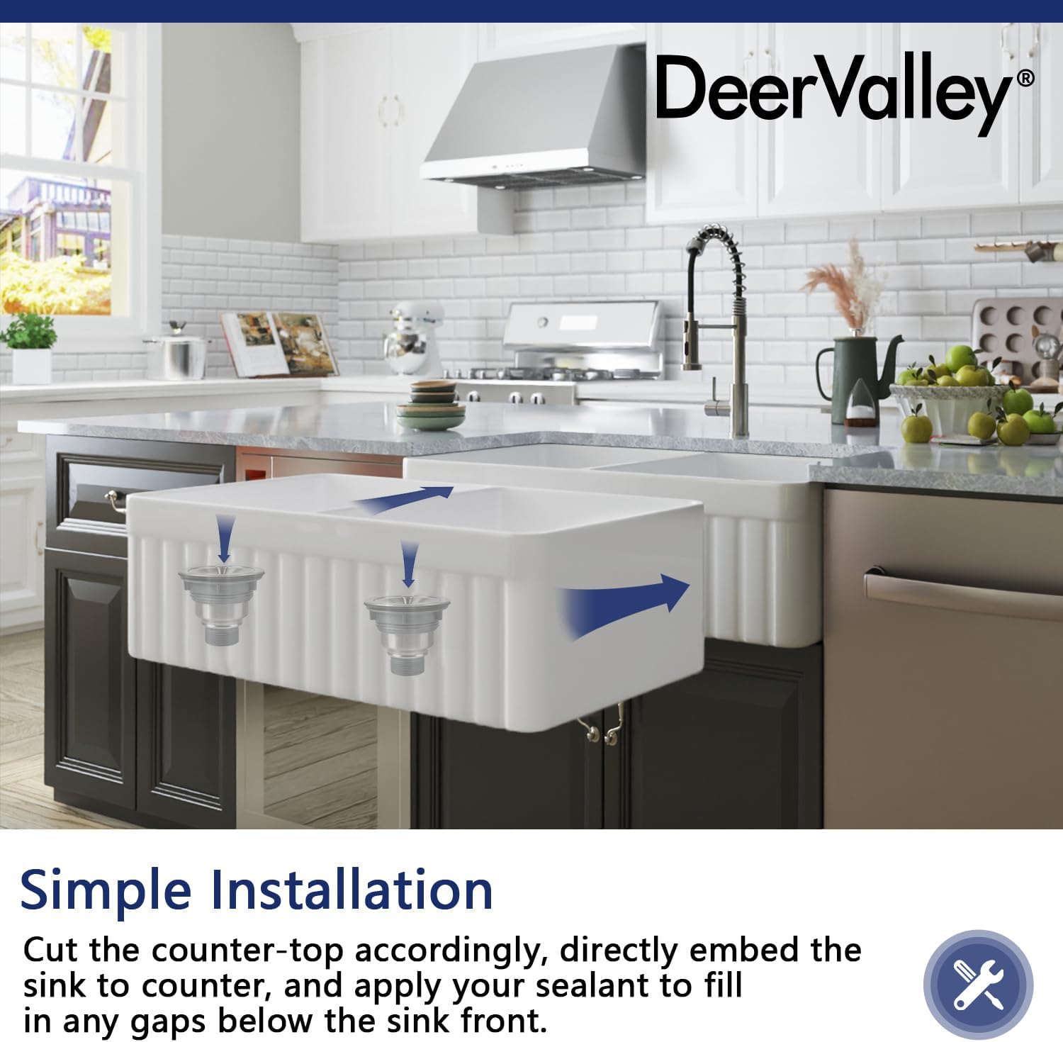 DeerValley Double Bowl Farmhouse Kitchen Sink 33 Inch, Fireclay Farm Sinks, Reversible Apron Front Deep Drop In Kitchen Sinks with Bottom Grid and Strainer